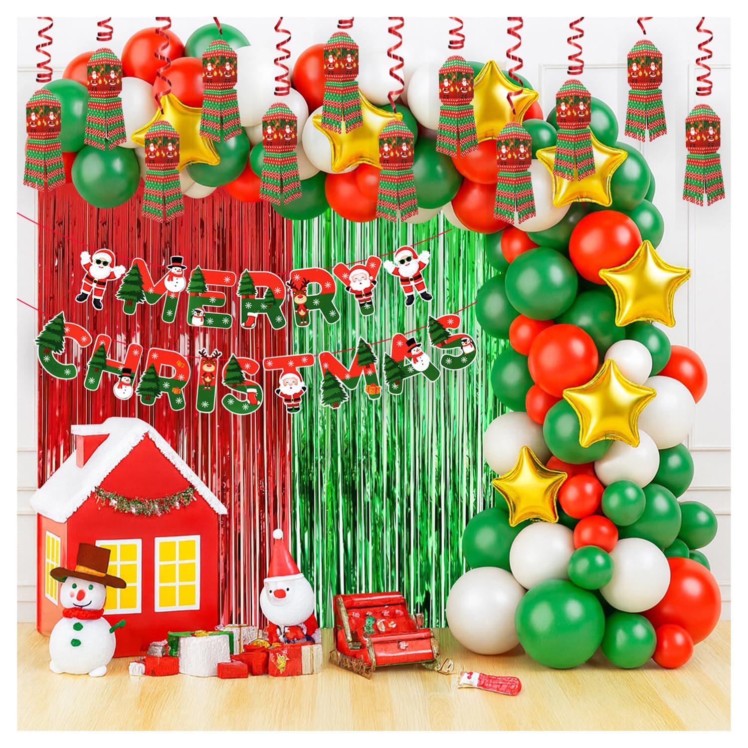 Rozi Decoration Christmas Decoration Items 79 Pcs Set with Merry Christmas Banner, Balloons, Star Foil Balloons, Paper Fringe Lanterns and Foil Curtains for Xmas Party Decorations Items for Home