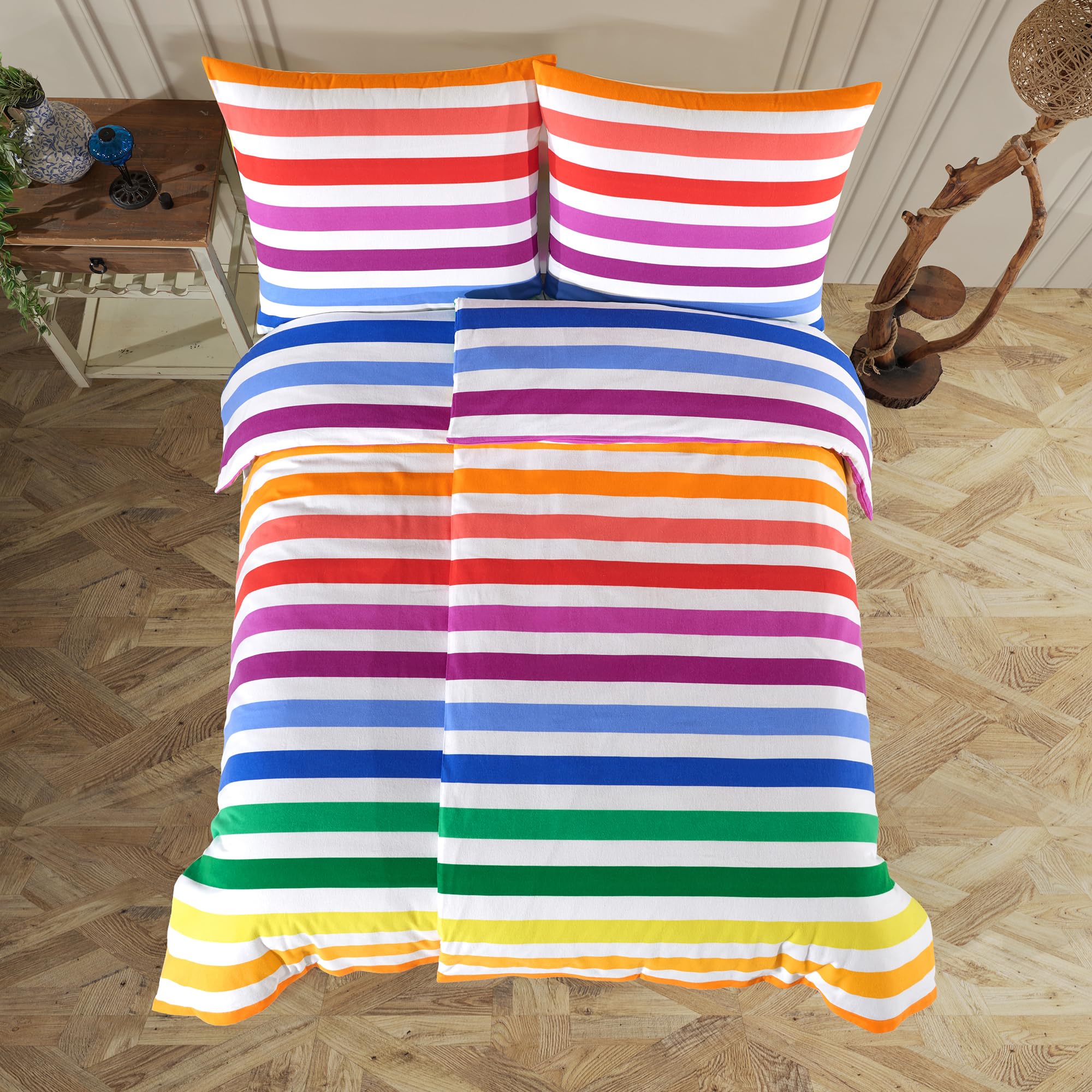 Biber Bettwäsche 135x200 cm – 100% Baumwolle, OEKO-TEX® STANDARD 100 & STeP – Atmungsaktiv, Weich & Hautfreundlich – Mit Reißverschluss – 1x Bettbezug + 1x Kissenbezug 80x80 (RAINBOW SHINE, 135-200)