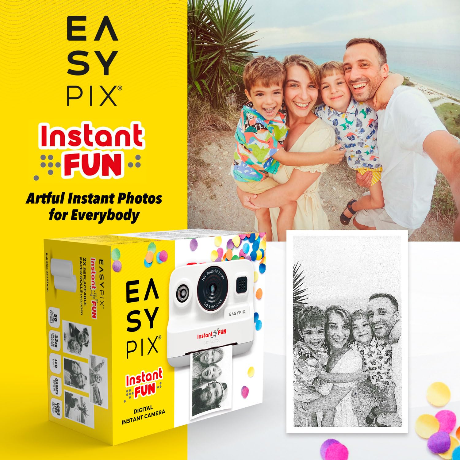 Easypix InstantFUN Appareil Photo instantané, Plaisir créatif pour Adultes et Enfants, Impression Thermique en Noir et Blanc, Papier sans BPA, Rechargeable, Impressions sans Encre