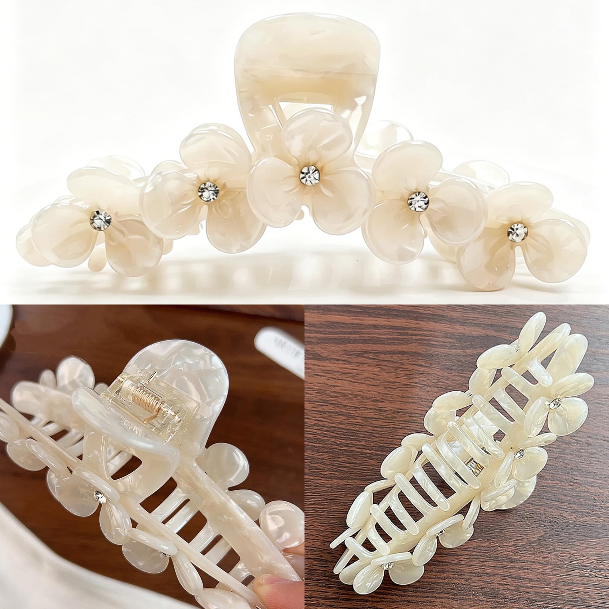 Mollette per capelli grandi da donna, fatte a mano, in acetato di cellulosa, a forma di fiore, per capelli sottili e spessi, con strass, eleganti, a forma di guscio di tartaruga