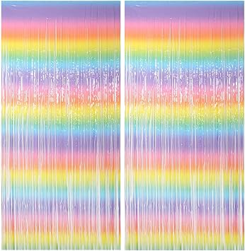 2 Pack 3.2 ft x 8.2 ft Pastel Rainbow Fringe Curtain Backdrop, Metallic Tinsel Foil Fringe Streamers Curtains Background for Photo Booth Birthday Baby Shower Wedding Backdrop