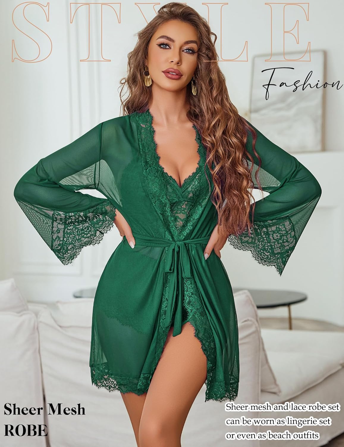 Avidlove Women Sexy Lingerie Set 3 Piece Lace Bralette and Panty Sets With Mesh Kimono Robe Sleepwear Exotic Nightgown
