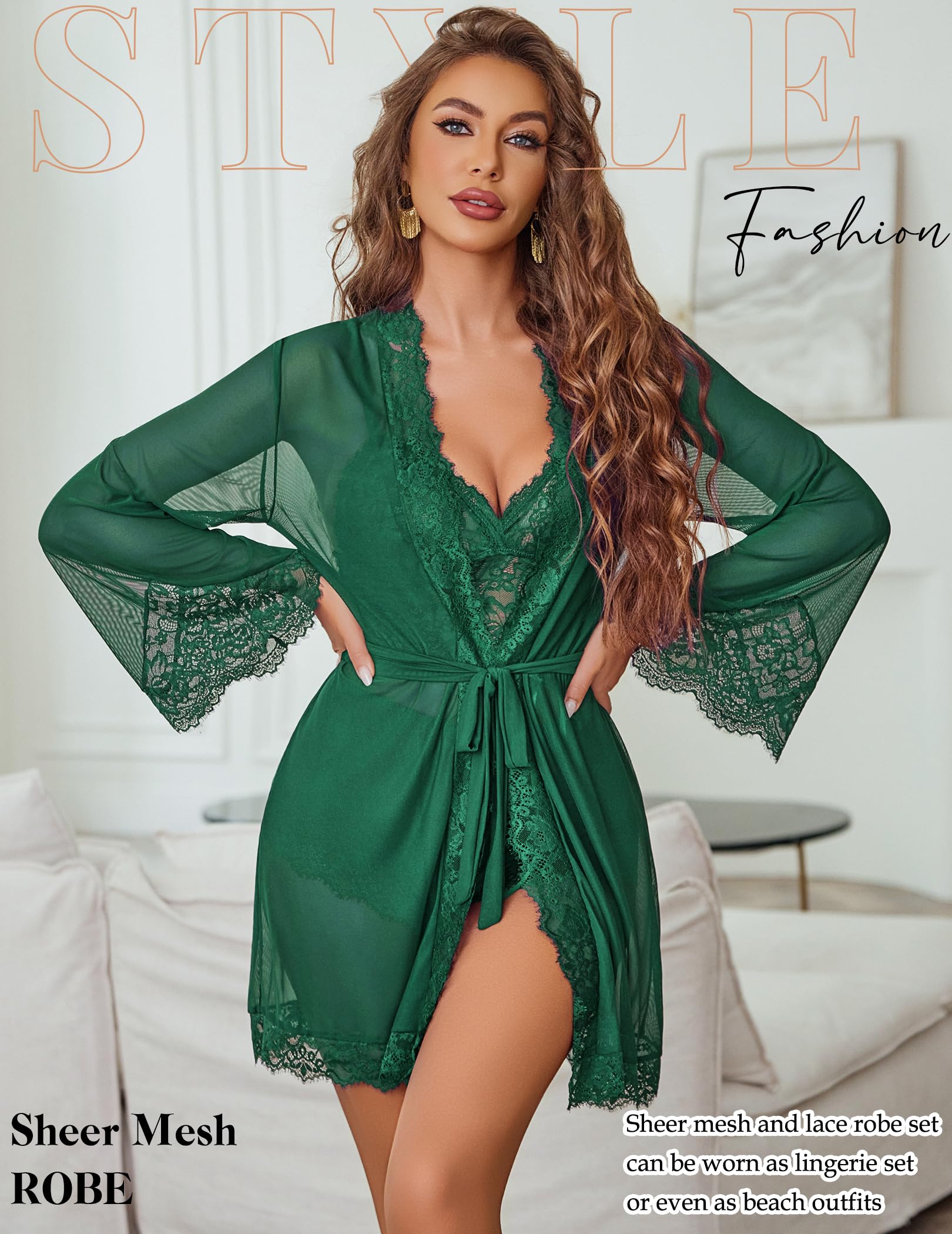 Avidlove Women Sexy Lingerie Set 3 Piece Lace Bralette and Panty Sets With Mesh Kimono Robe Sleepwear Exotic Nightgown: XX-Large Green
