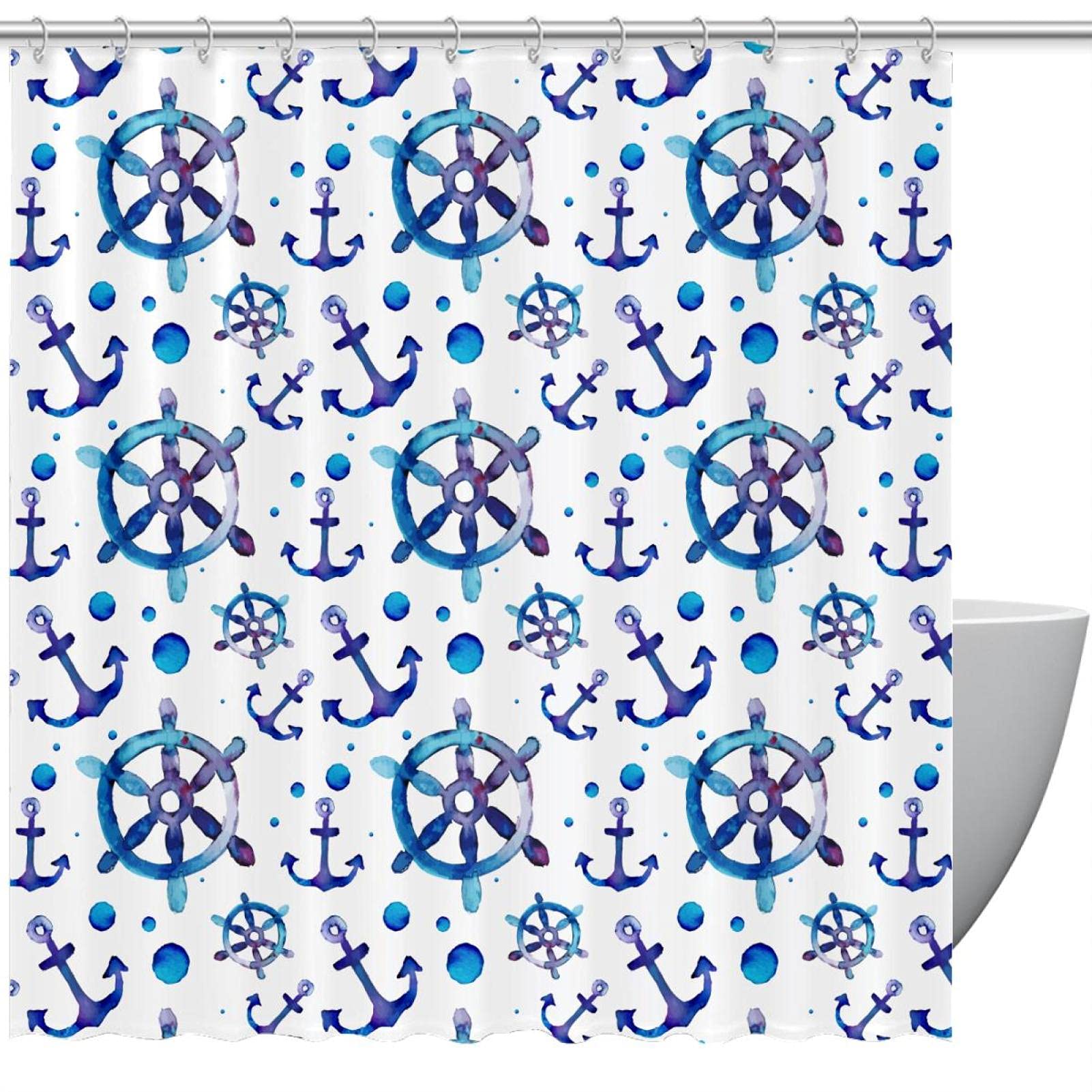 Rideau de douche bleu aquarelle ancre étanche anti éclaboussures avec crochets inclus