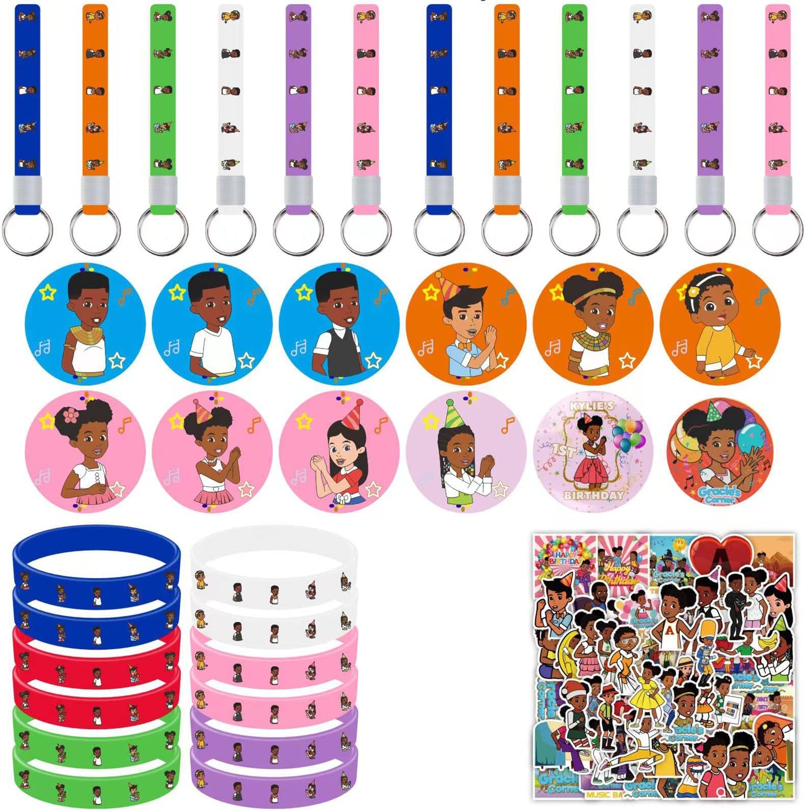 Birthday Party Supplies, 86 Party Gifts Including 12 Bracelets, 12 Button Pins, 12 Keychains, 50 Party Decoration Stickers for Boys and Girls Birthday Decorations