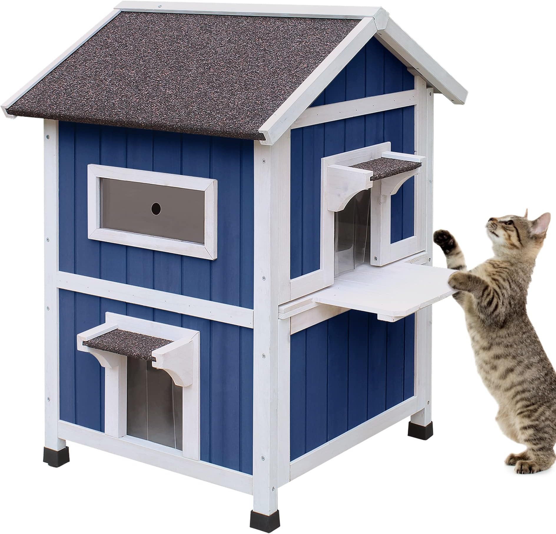 HiCaptain2 Story Weatherproof Outdoor Cat House, Luxury Feral Cat Shelter with Balcony and Escape Door - Navy Blue