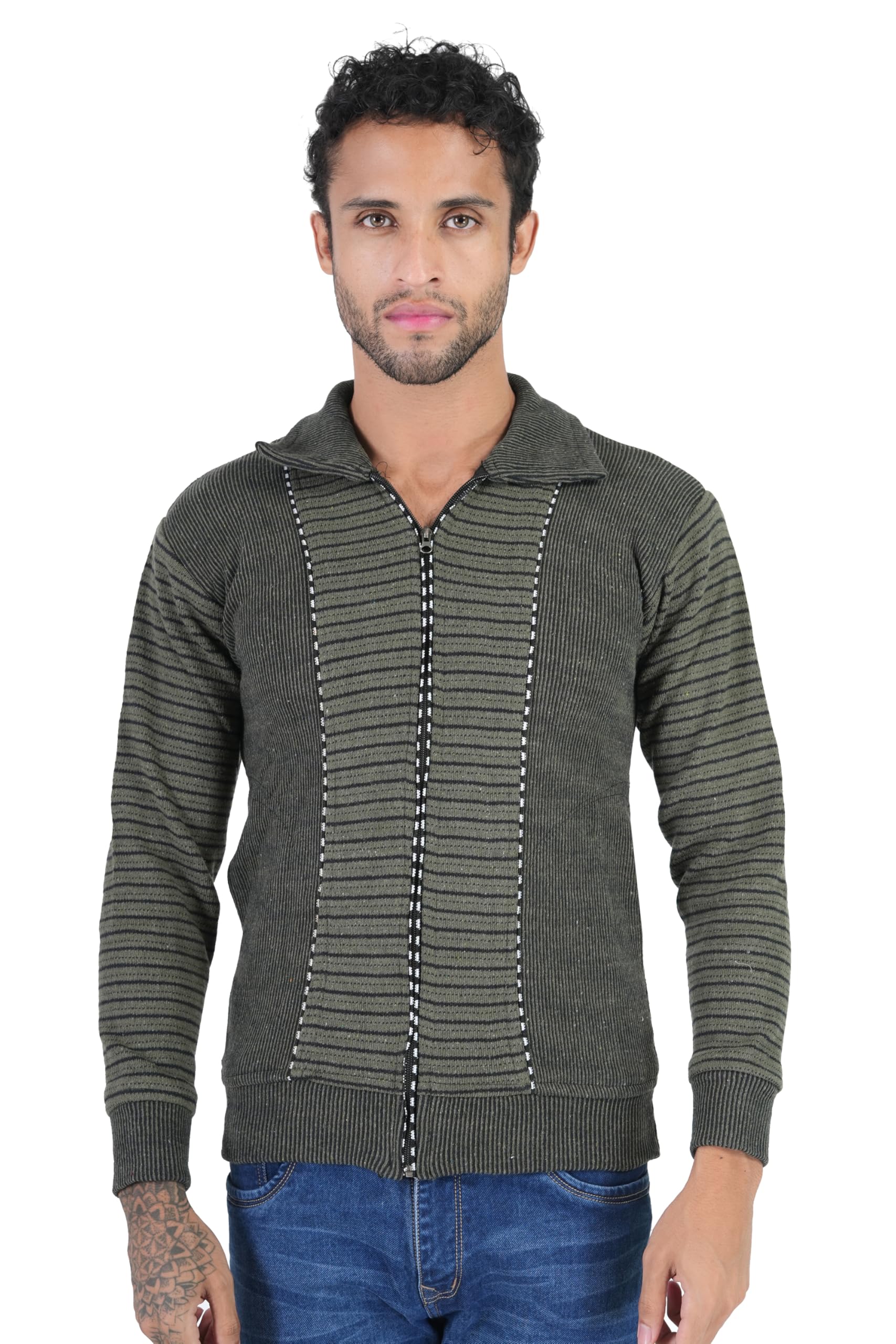 Men's Thick Wool Striped Pattern Collared Neck Full Sleeve Zipper Sweater with Side Pockets Jacket for Winter-image-5