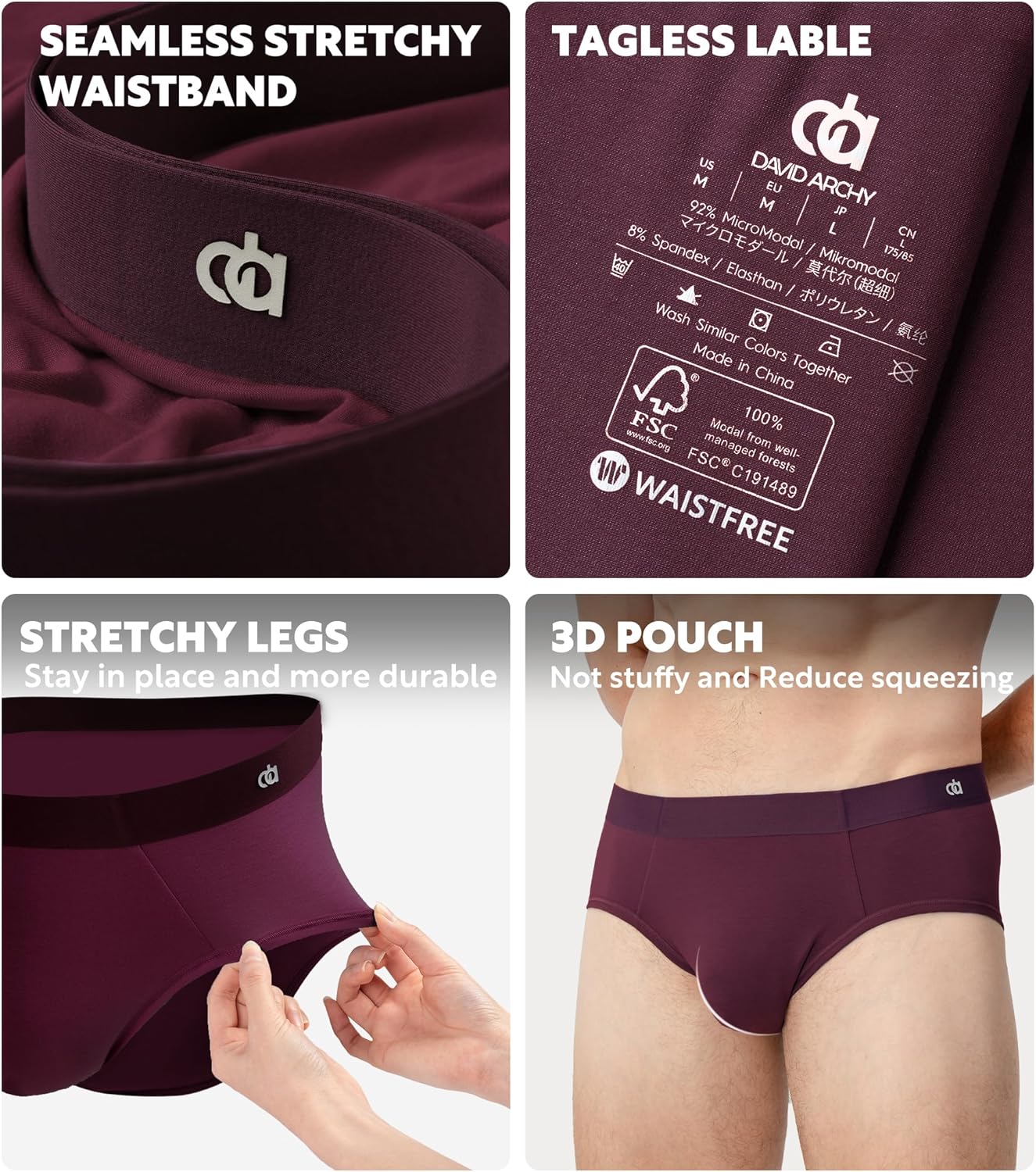 DAVID ARCHY Seamless Men's Briefs Modal Ultra Soft Breathable No Fly Support Pouch Mens Underwear Briefs 4 Pack - Image 5