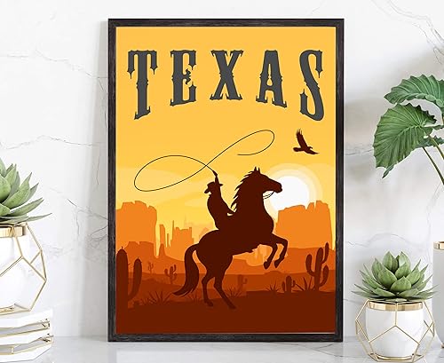 Texas, póster de viaje de estilo retro, impresión de póster rústico vintage, decoración de pared de oficina en casa, póster de mapa del estado de