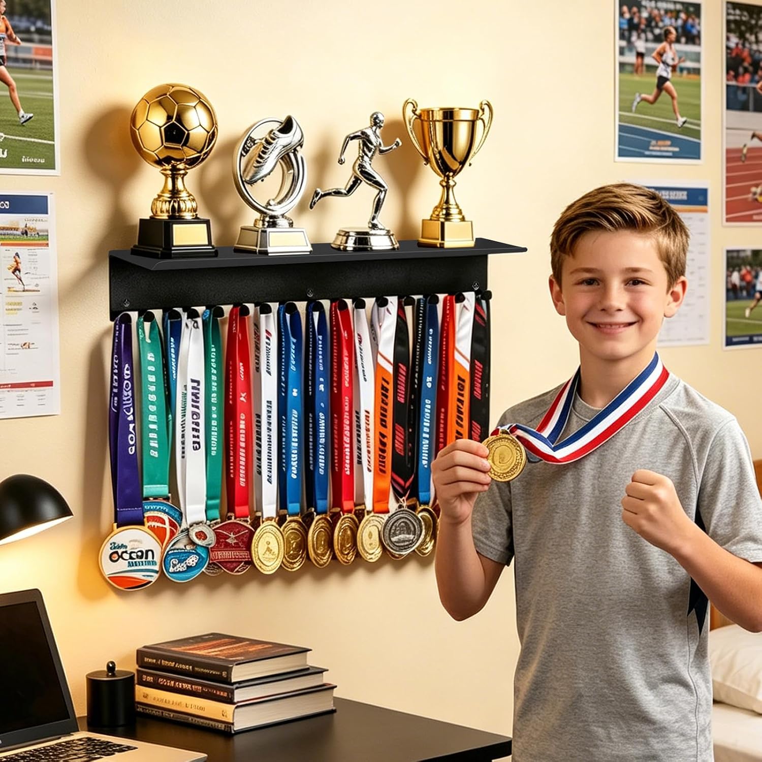 Medal Hanger Display with Shelf, Trophy and Medal Display Shelf, Sports Medal Plaques Hanger Display for Running, Gymnastics, Soccer, Race Medals, Wall Shelf with Hooks image 5
