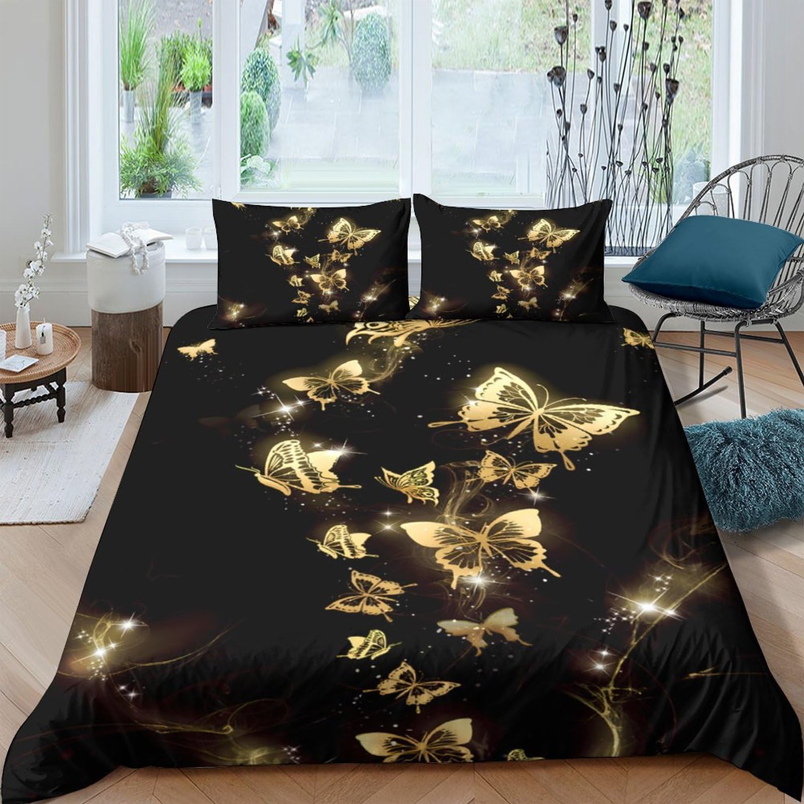 GPLZQXKJNH 3D Printed Golden Butterfly Duvet Cover Microfiber Soft Breathable Black Quilt Cover Set with 2 Pillowcases for Bedroom Decor Single（135x200cm）