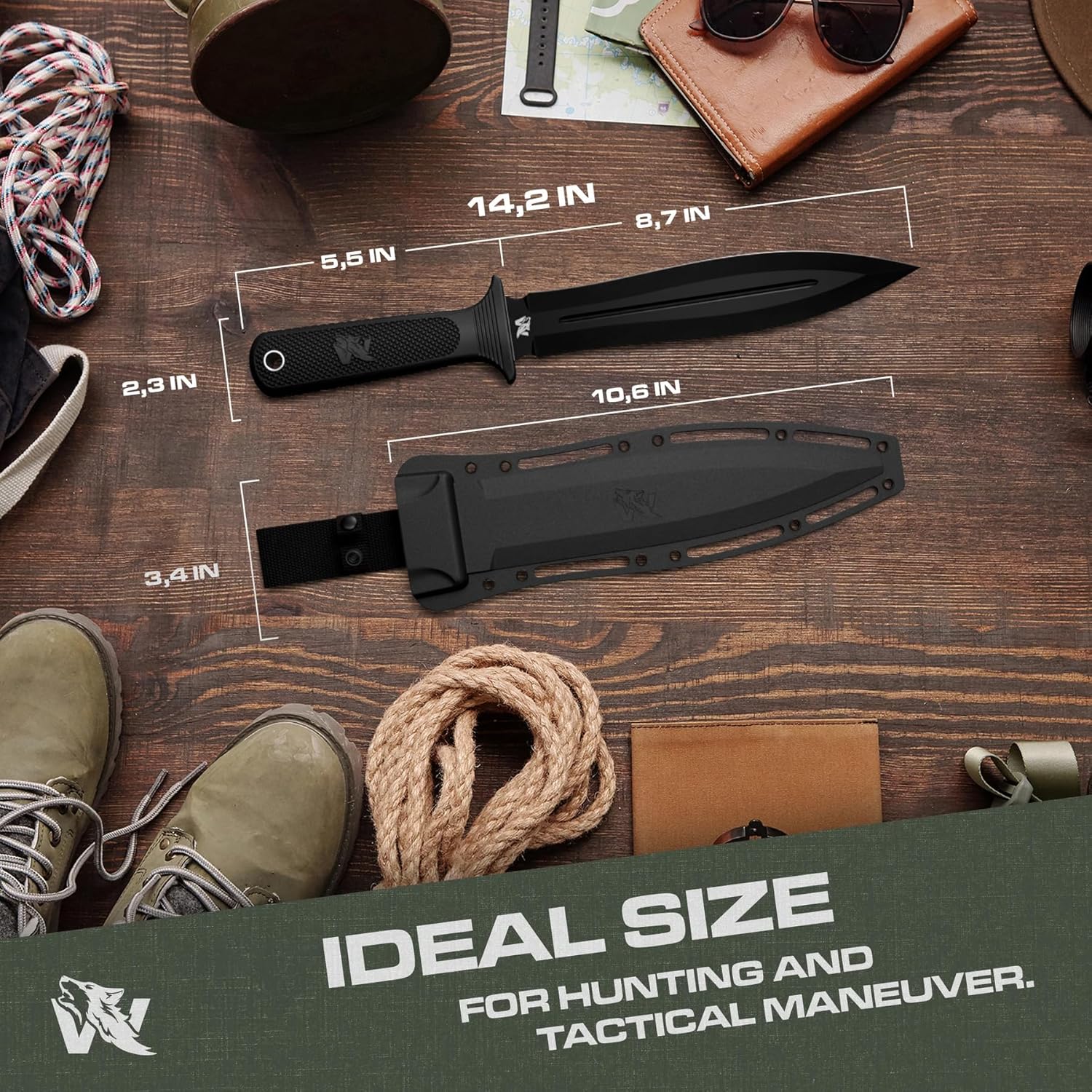 ODENWOLF W-SowCatcher Fixed Blade Knife with Sheath - Large Hunting-Knife made of D2 steel - Big Fixed Blade Double Edge Knives with TPE Handle