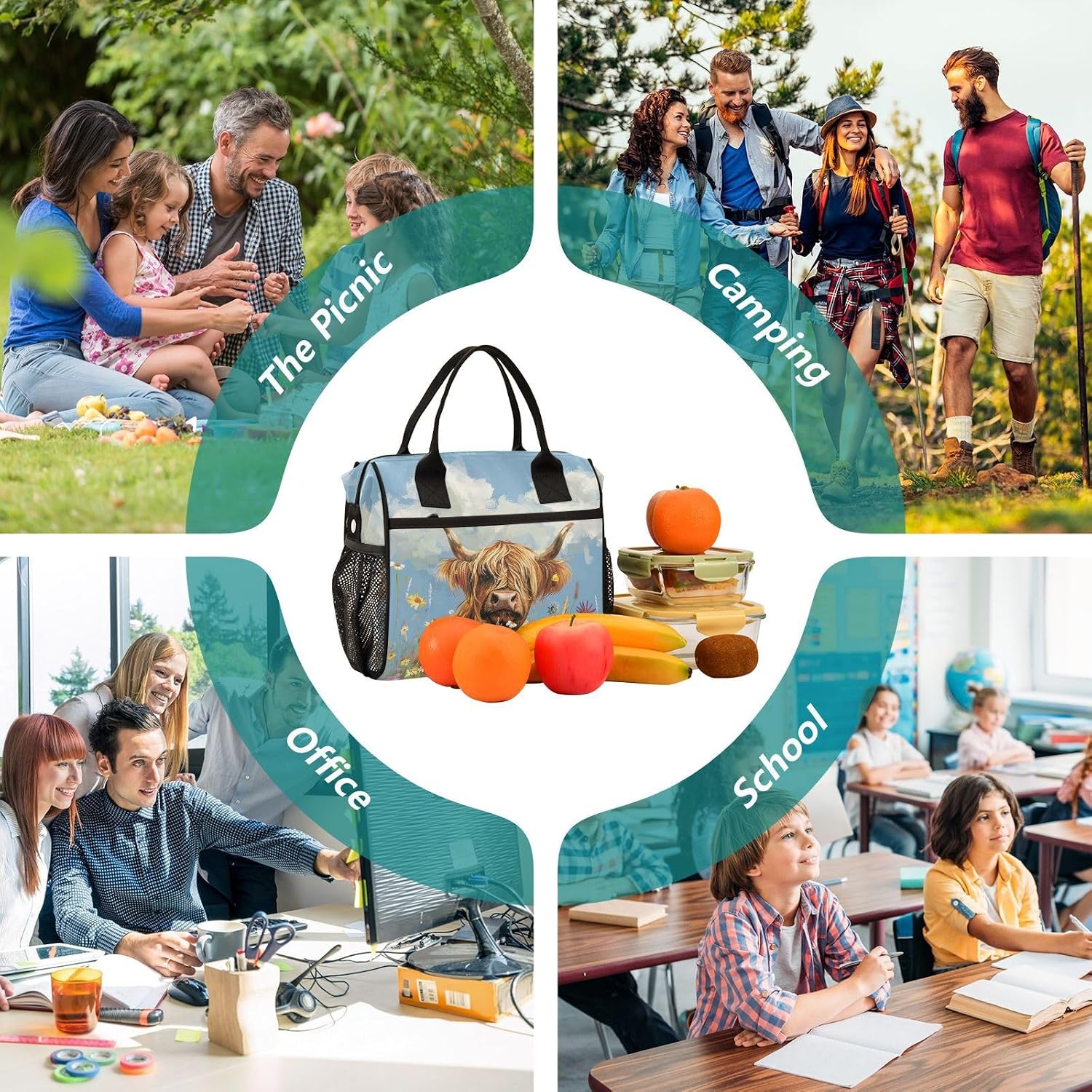 JIPONI A Cute Highland Cow Insulated Lunch Bag for Women, Lunch Box With Adjustable Shoulder Belt Cooler Tote Bags For Work, Camping, Picnic