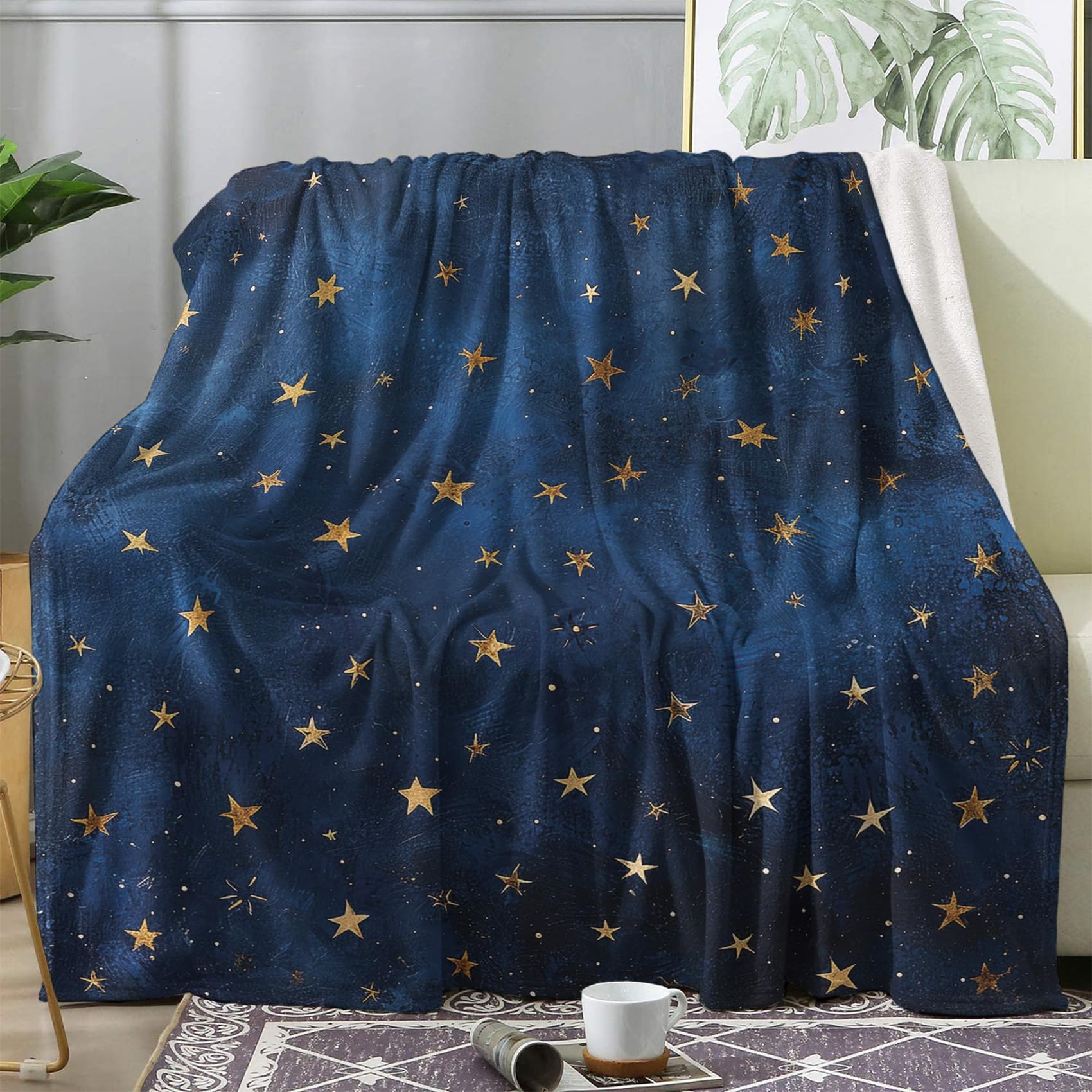 ZDABAOEC Blue Gold Star Throw Blanket, Fleece Blanket for Bed Sofa Couch, Super Soft Fluffy Flannel Blankets and Throws, Double Size 150x200 cm