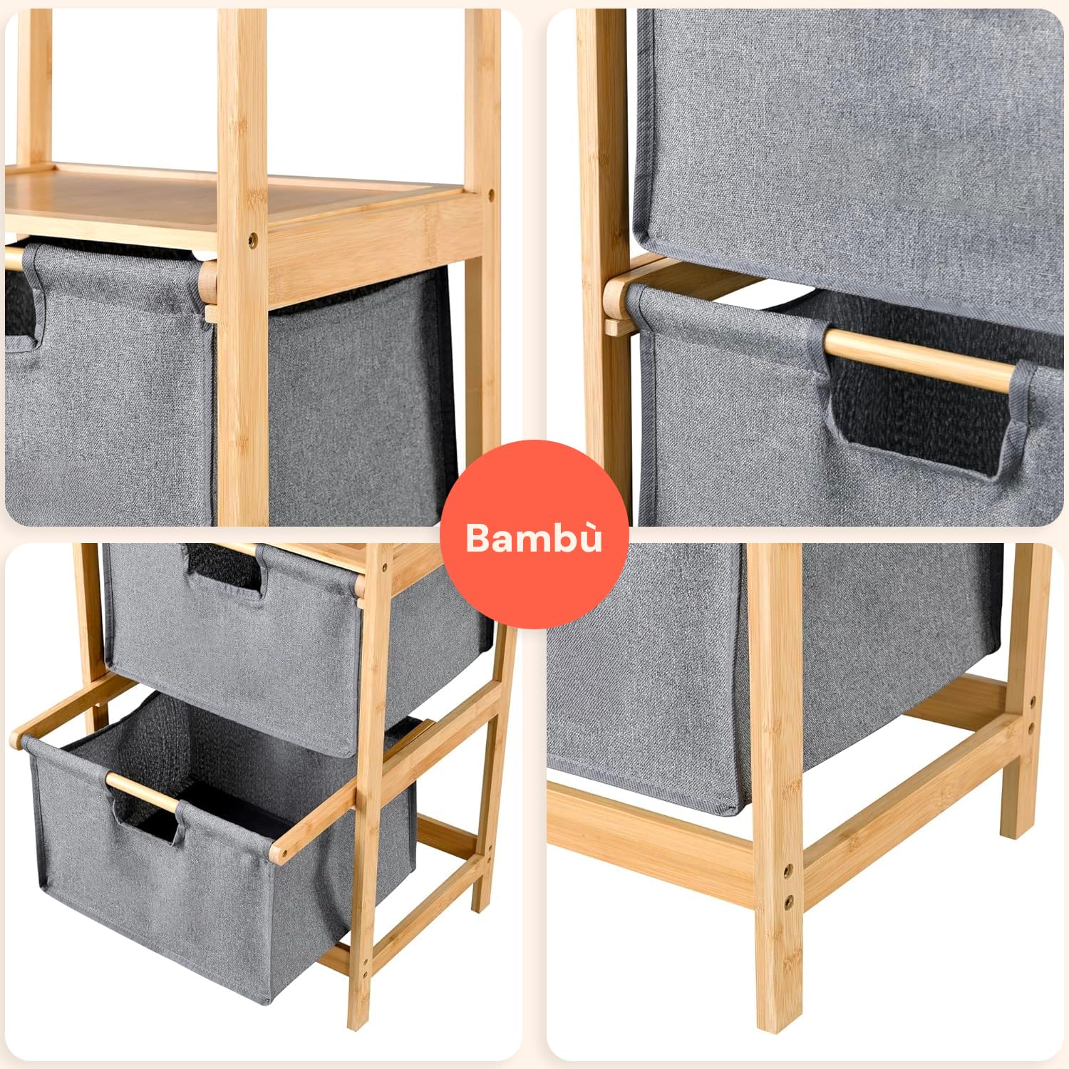 Avilia - Mobiletto Bagno Salvaspazio in Bambù con 2 Ripiani e Cesto Portabiancheria Rimovibile, Design Moderno Multiuso per Bagno, Cucina e Lavanderia Facile da Montare e Resistente