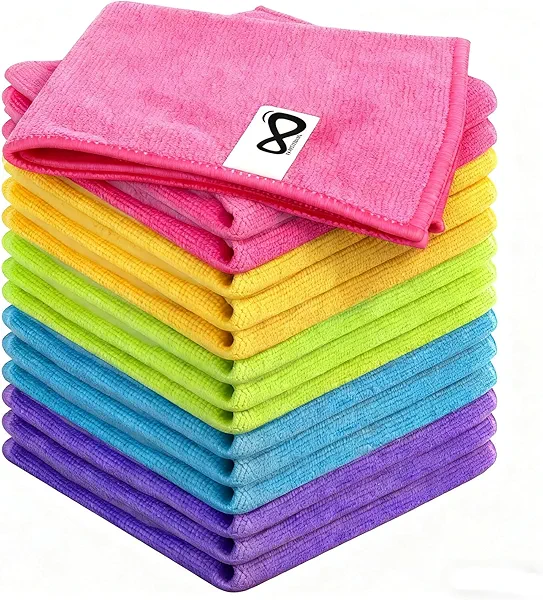 INFICRIME Microfiber Cleaning Cloths, 15 Pack Cleaning Rags, Wet and Dry Use Cleaning Towels, Highly Absorbent and Soft Feel, Lint Free, Streak Free, 11.5"X11.5"(Red/Yellow/Green/Blue/Purple)