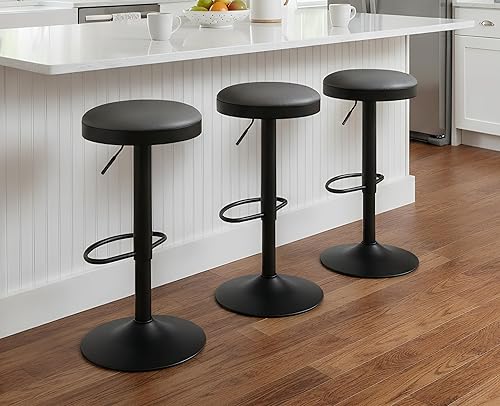 Miniatura 43 de EALSON Moderno juego de 2 taburetes de bar giratorios ajustables con altura de mostrador, con base de metal, tapizados de cuero, sillas redondas