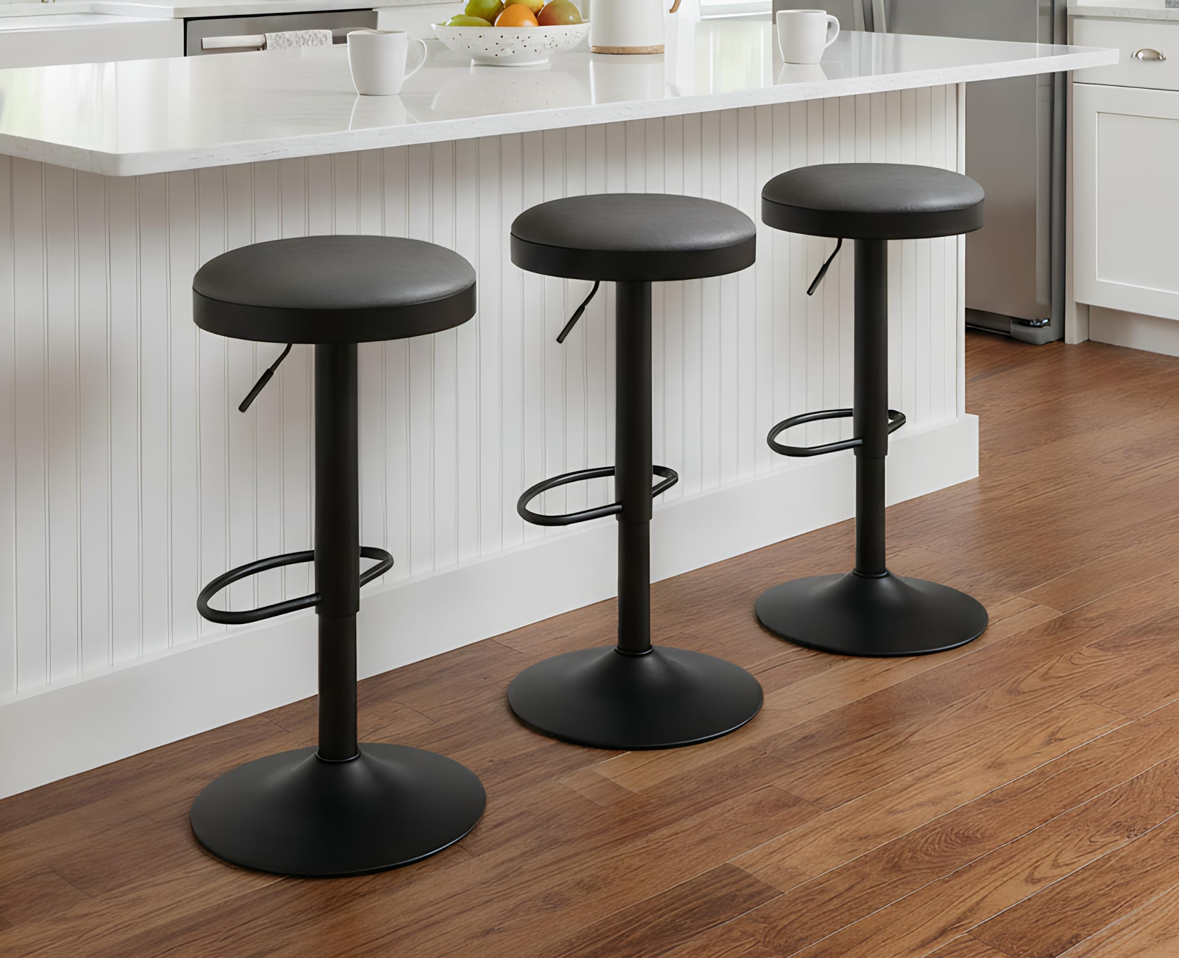 EALSON Modern Swivel Bar Stools Set of 3 Adjustable Counter Height Backless Barstools with Metal Base Leather Upholstered Round Bar Stool Chairs for