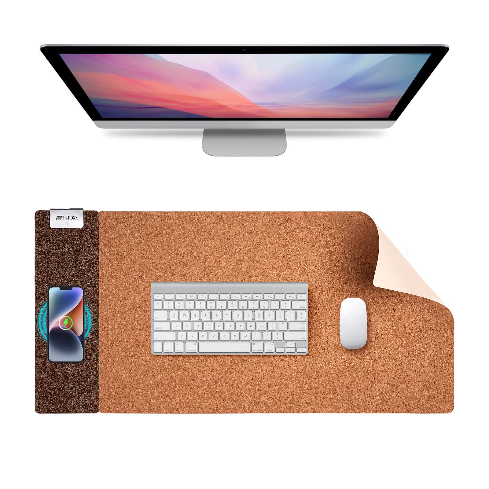 3-in-1 Kork-Unterlage mit Qi-Schnelladung, wasserfester & beidseitiger Oberfläche. Ideal für Büro, Homeoffice und als Schminktisch-Schutz. Kompatibel mit iPhone, Samsung, AirPods