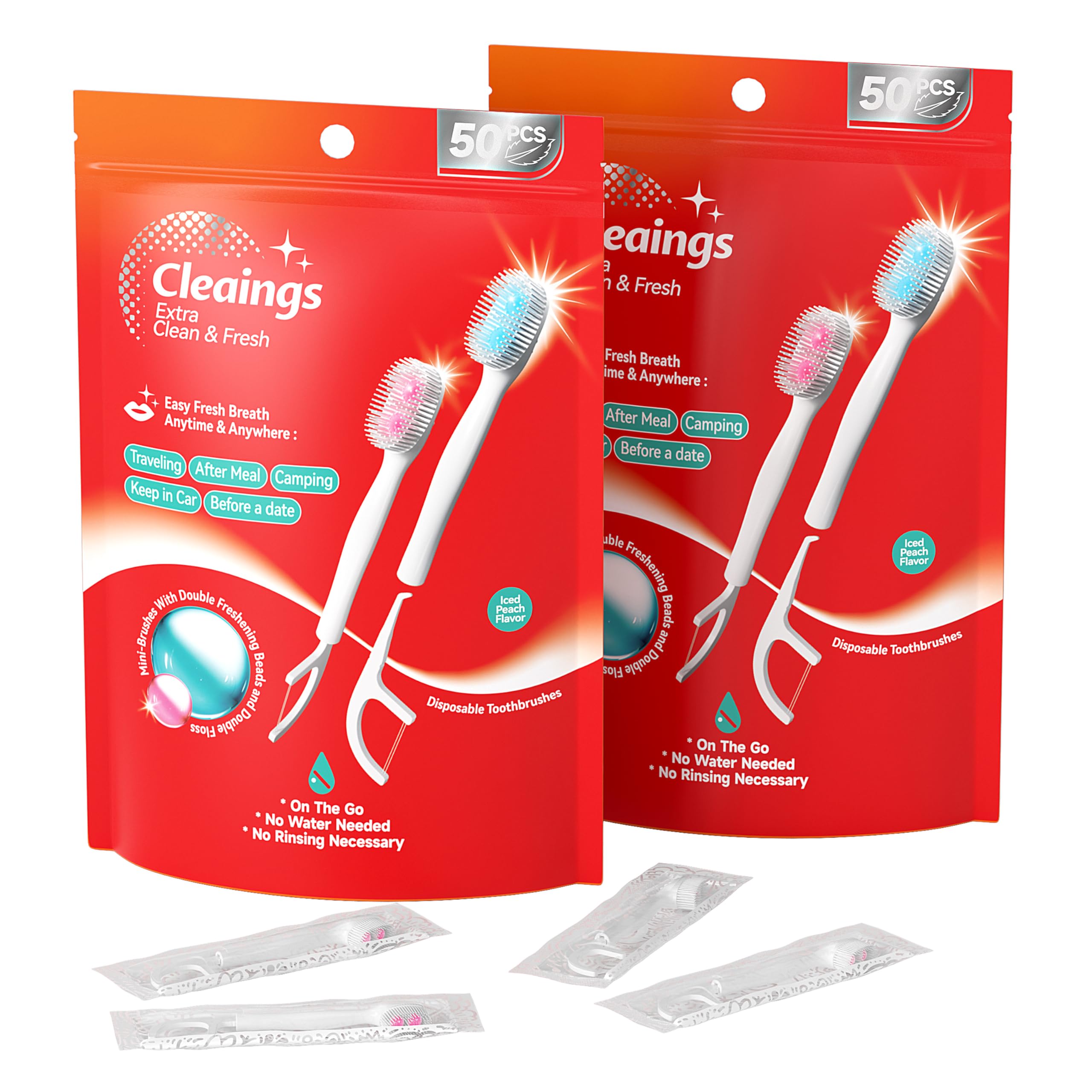 cleaings® Disposable Toothbrushes with Double Cleaning Beads Toothpaste and Clean Floss Picks for Work or Travel - 50 pcs-Ice Peach Flavor(Pack of 2)