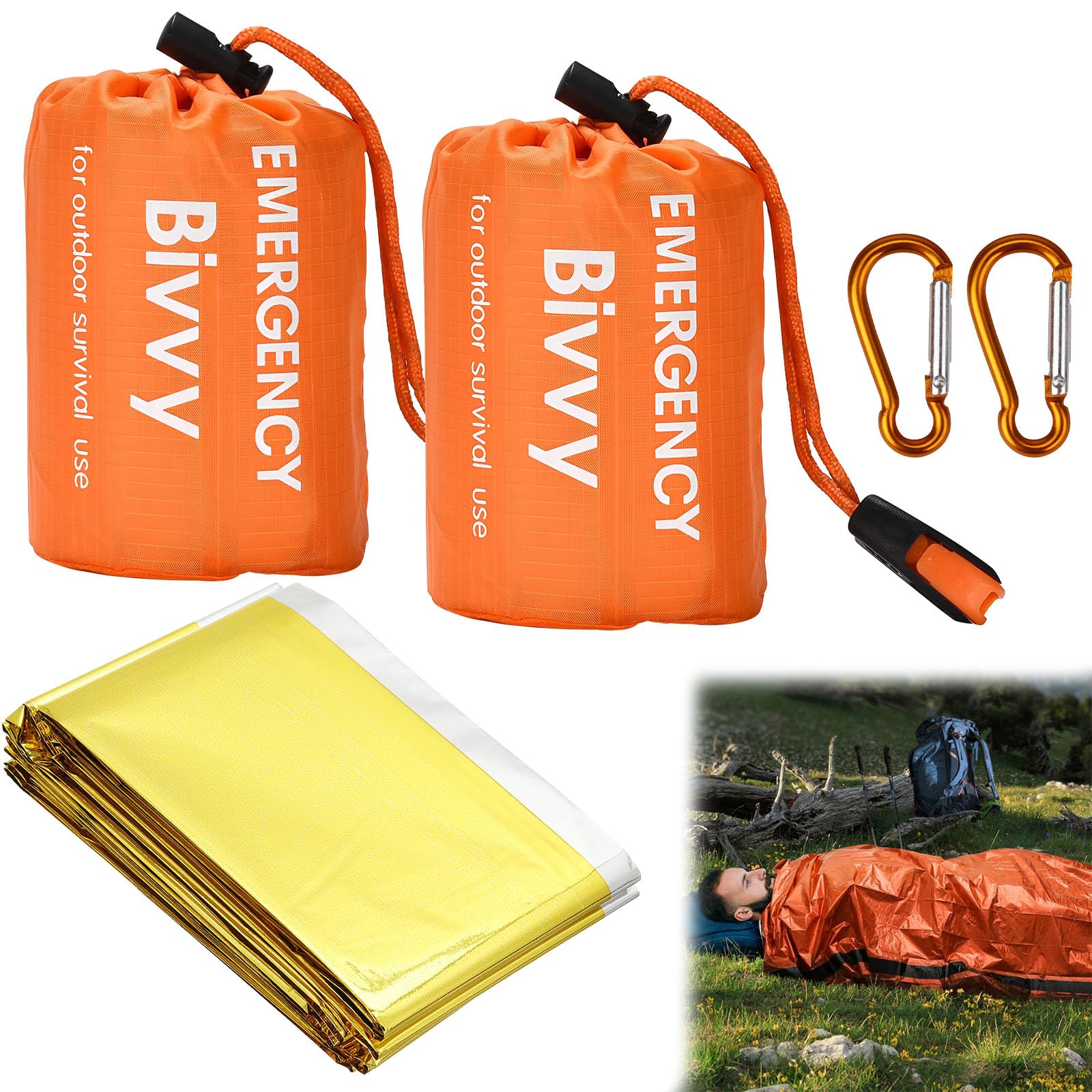 3 Piezas Saco de Dormir Termico Supervivencia Ligero y Manta Termica Emergencia Oro Plata Saco de Vivac Impermeable con 2 Mosquetones para Cámping Excursionismo Trekking al Aire Libre