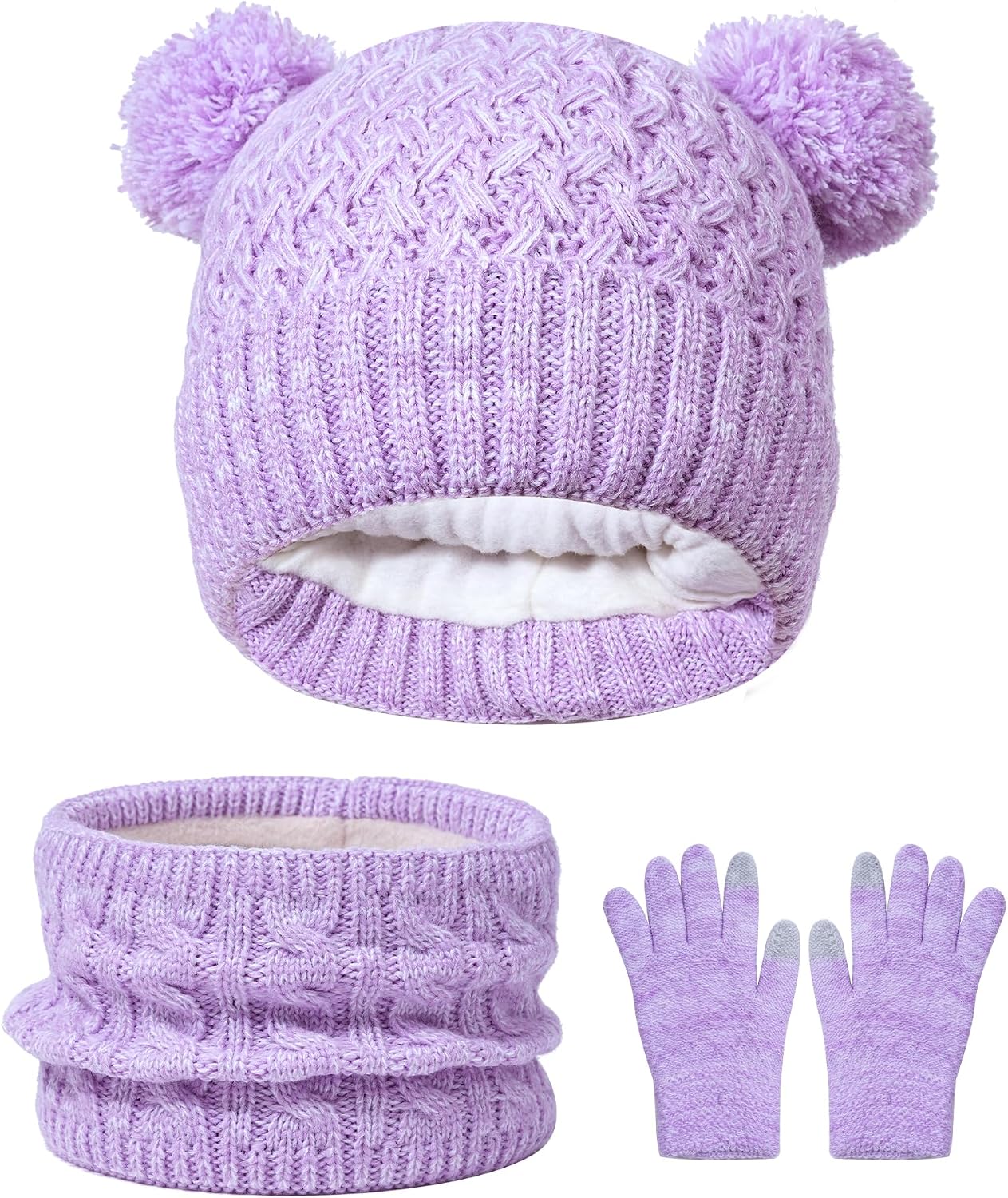 Girls Winter Hat Gloves Scarf Set, Kids 2-14 Beanie Cap Pom Pom Neck Warmer Neck Gaiter Fleece Lined,Touch Screen Gloves
