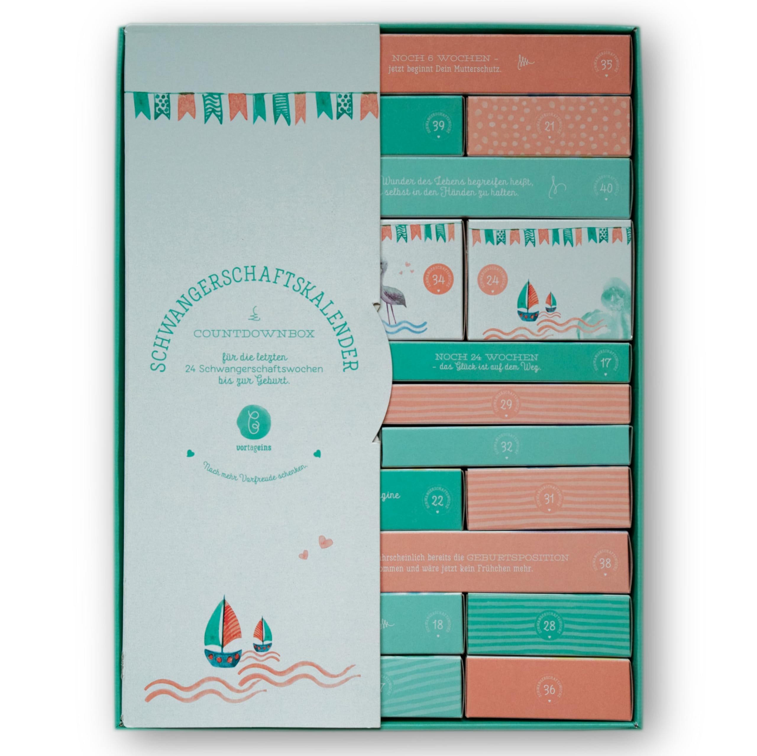 Erstausstattungs-Schwangerschaftskalender/Countdownbox mit Geschenken für 24 Schwangerschaftswochen