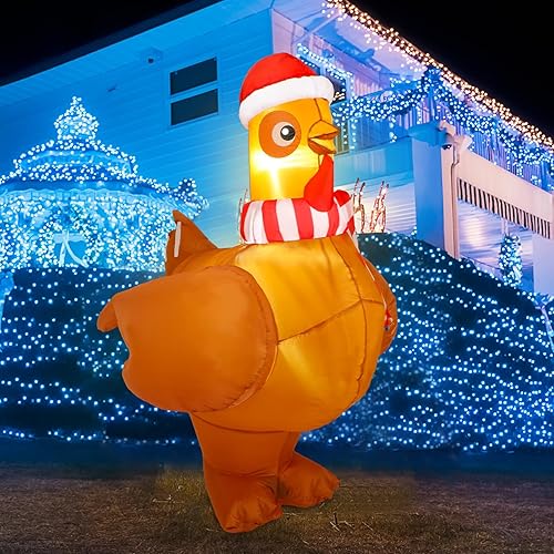 Ceenna Pollo inflable de Navidad grande de 5.15 pies con sombrero de bufanda integrado con luz LED colorida inflable, pavo inflable, decoración de