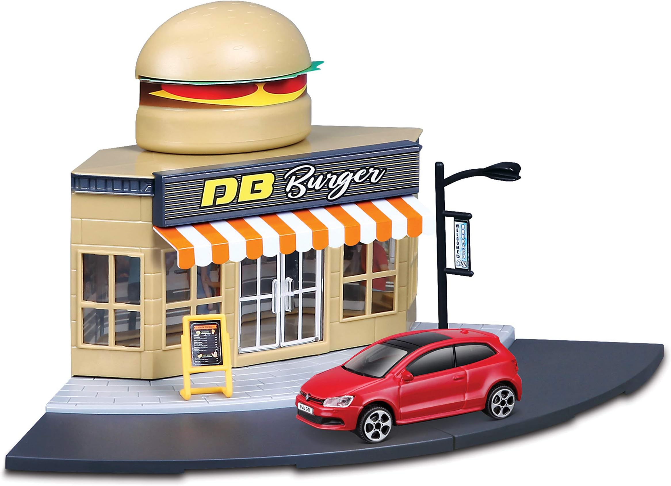 Bburago Street Fire STREET FIRE CITY FAST FOOD Restaurant Playset with VW Polo GTI Mark 5 Die-Cast Car - 1:43 Scale