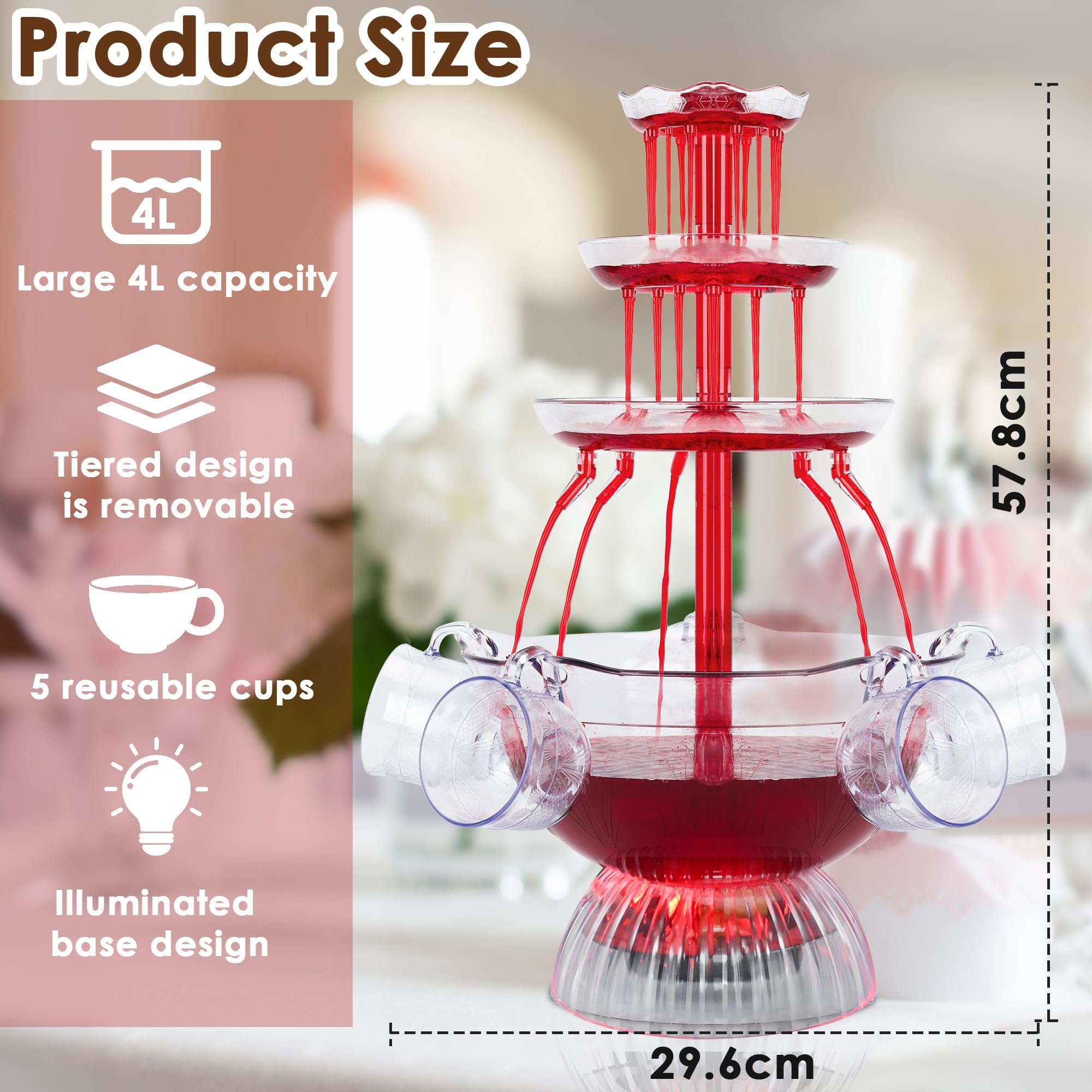 Fontaine à Vin Rouge 3 Niveaux Électrique avec 5 Tasses et Éclairage LED pour Fêtes