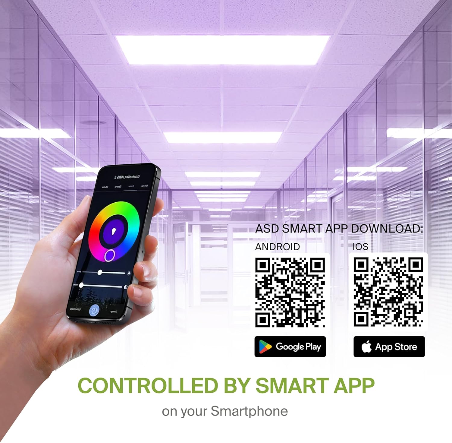 Smartphone displaying ASD Smart App interface with QR codes for Android and iOS app downloads.