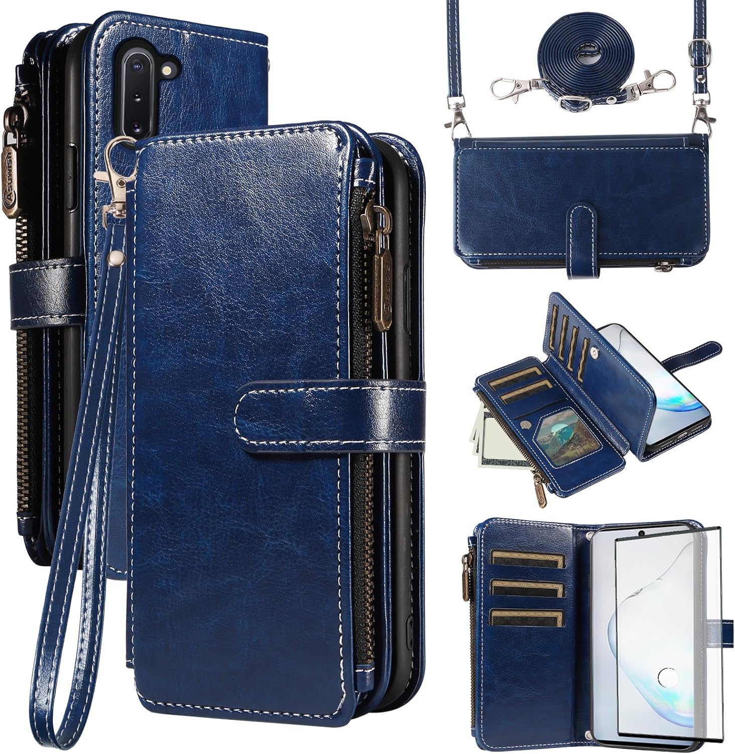 Asuwish Phone Case for Samsung Galaxy Note 10 5G Cover with Tempered Glass Screen Protector and Lanyard Zipper Wallet Card Holder Slot Stand Mobile Cell Note10 Notes 10s Ten Not S10 Women Men Blue