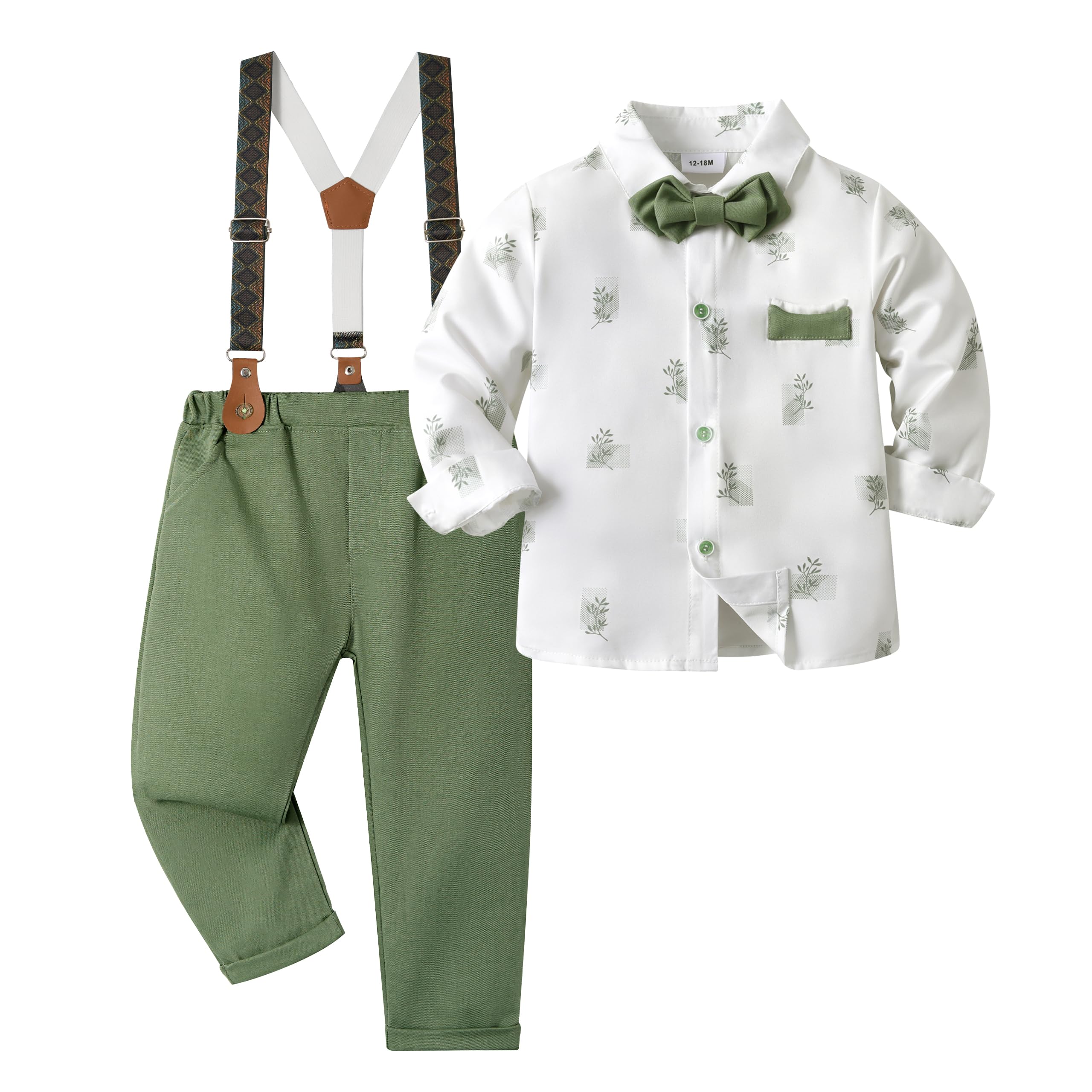 Volunboy Ensemble 4 Pièces de Vêtements pour Bébé Garçon, Noeud Papillon Chemise + Pantalon Bretelle Costume 1-5 ans