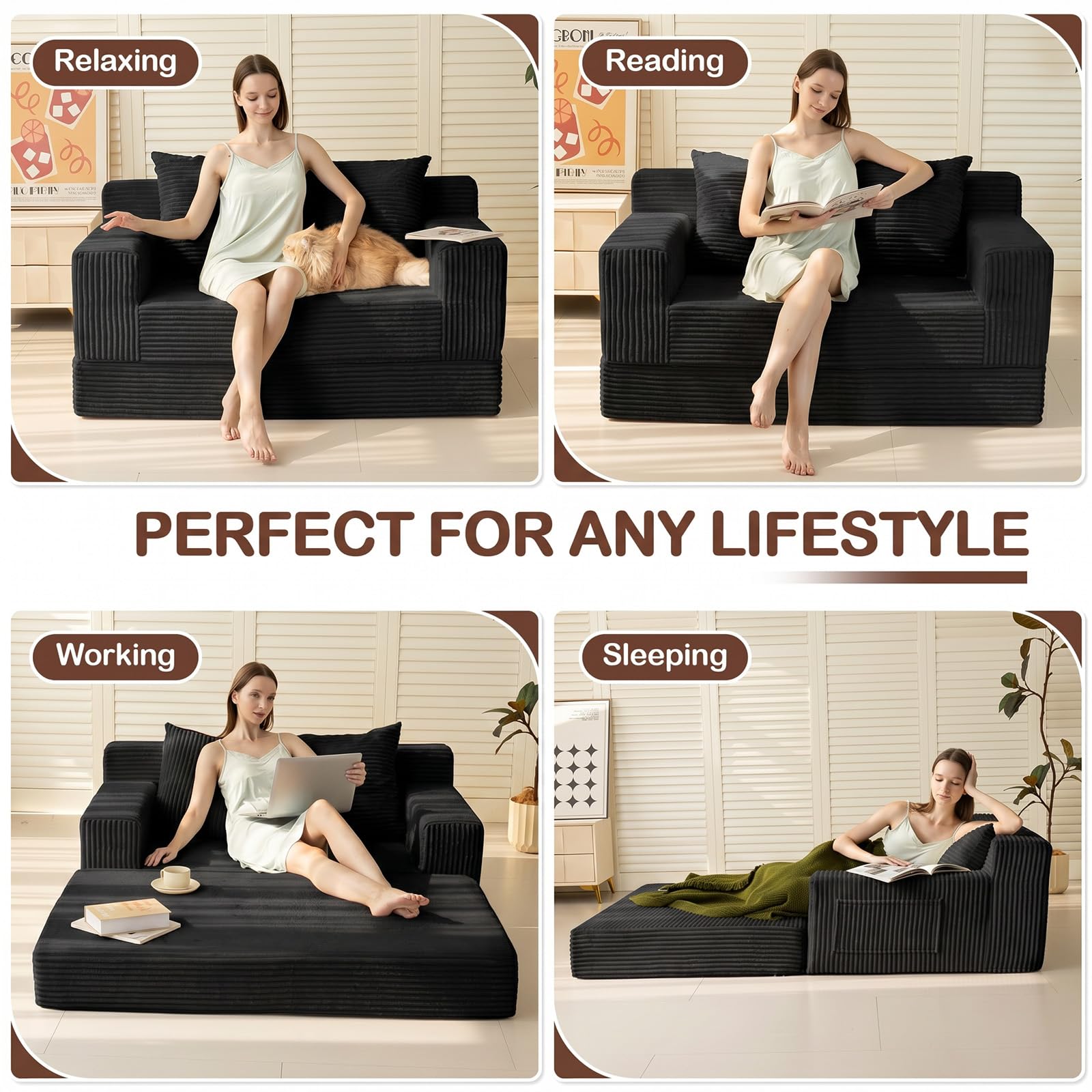 Boneless Loveseat Couch Folding Sofa Bed, Foldable Floor Futon Sleeper Couch Bed - Convertible Sofa Bed, Corduroy Pull Out Sofa Bed with 2 Pillows for Living Room & Bedroom