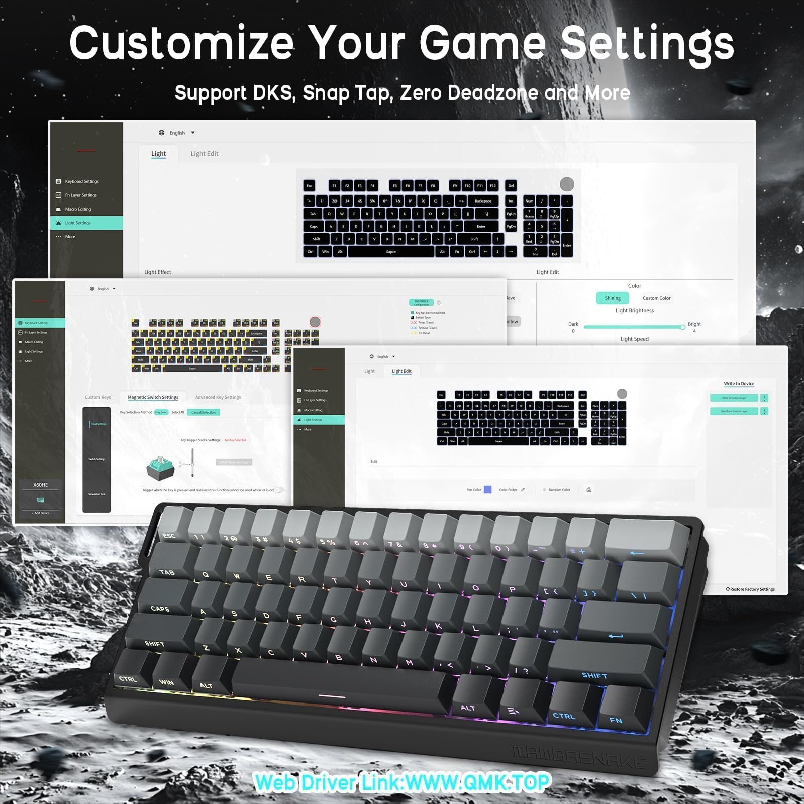 ATTACK SHARK x MAMBASNAKE X11 Souris avec X60HE Clavier Gaming Magnétique, Combo Clavier et Souris Sans Fil, BT/2.4G/USB-C, Déclenchement Rapide, 8000 Polling Rate, 22000 DPI,Souris Ultra-Légère– Noir