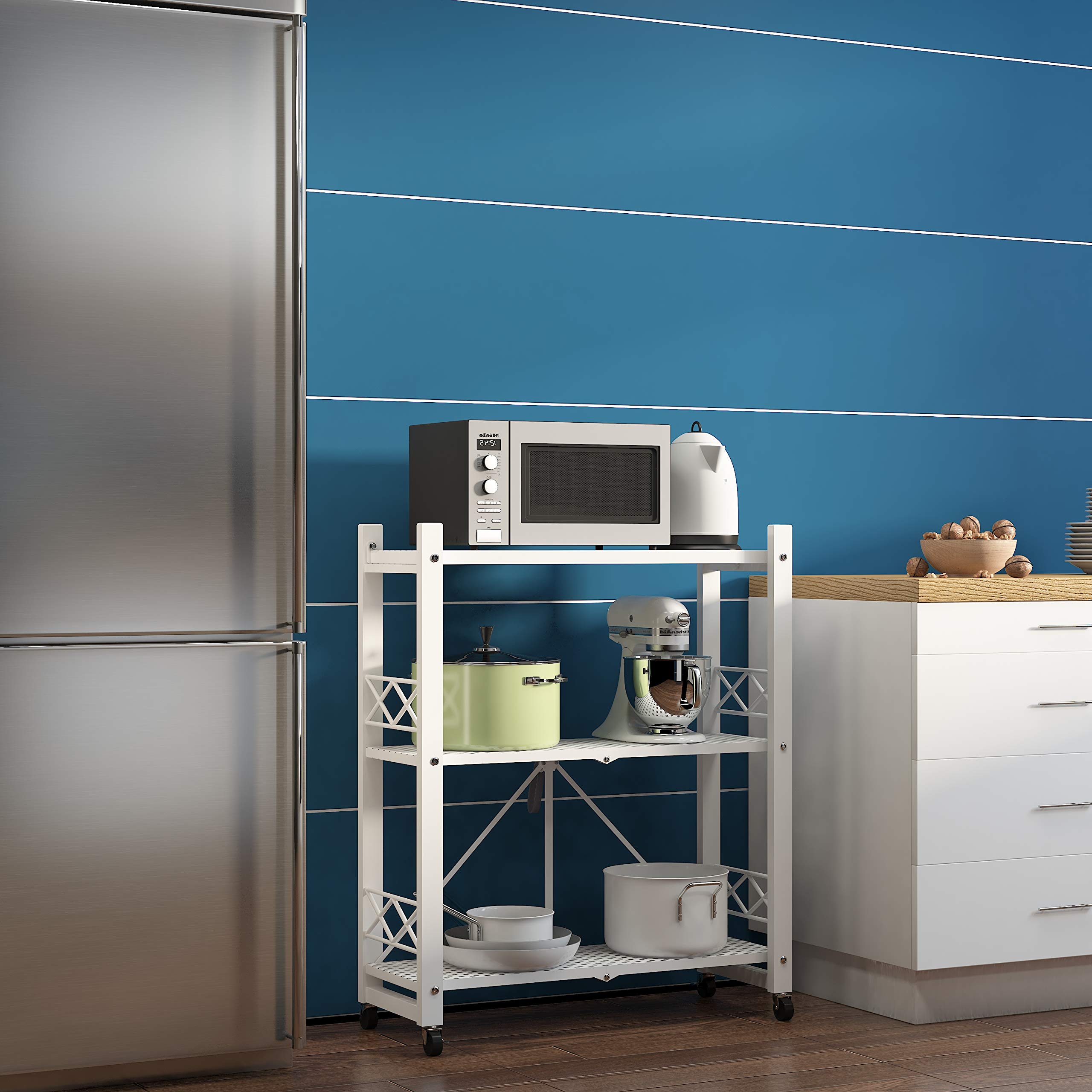 HomeHarmony® 3-Tier and 4-Tier Collapsible Heavy Duty Metal Shelf Shelving Unit for Kitchen Garage Office with 3" Caster Wheels (White, 3 Tier)