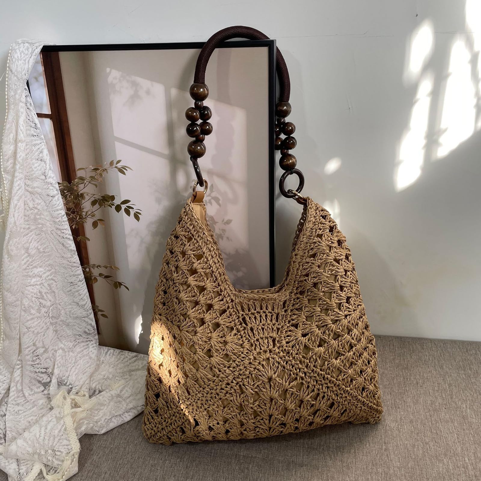 Sacs en Paille à Perles, Sac Bucket en Crochet pour Femmes, Sac à Épaule Tissé pour Été, Accessoire de Plage et Vacances