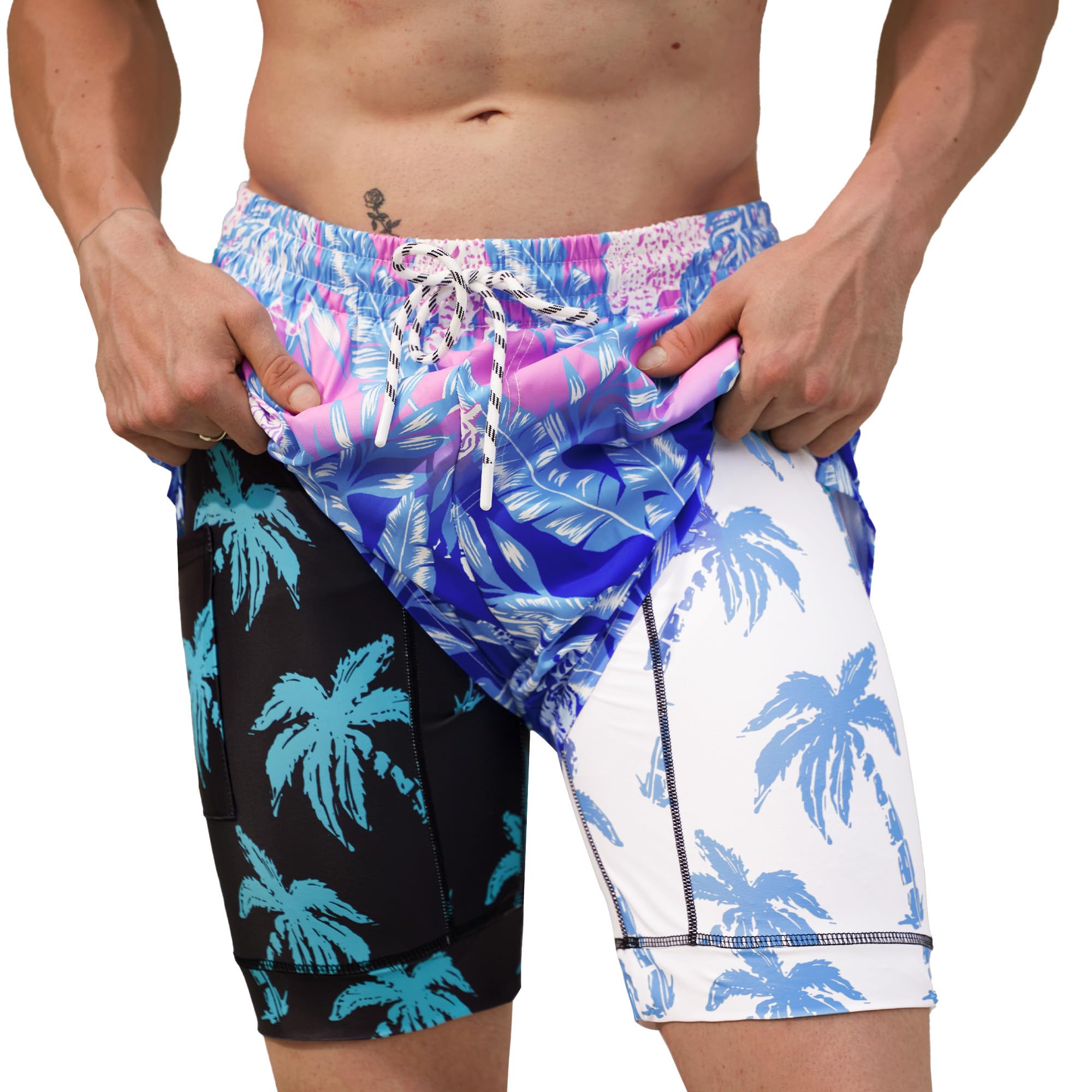 Mens Swimming Trunk with Compression Liner Swimsuit 5 Inch Inseam Palm