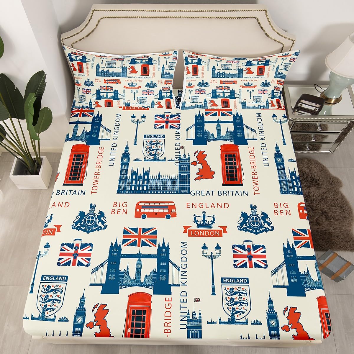 Manfei London Fitted Sheet Twin Size Red Telephone Booth Bus Print Bed Cover British Flag and Map Print Bedding Set 2pcs for Kids Boys Teens, Retro Style Bed Sheet Set with 1 Pillowcase