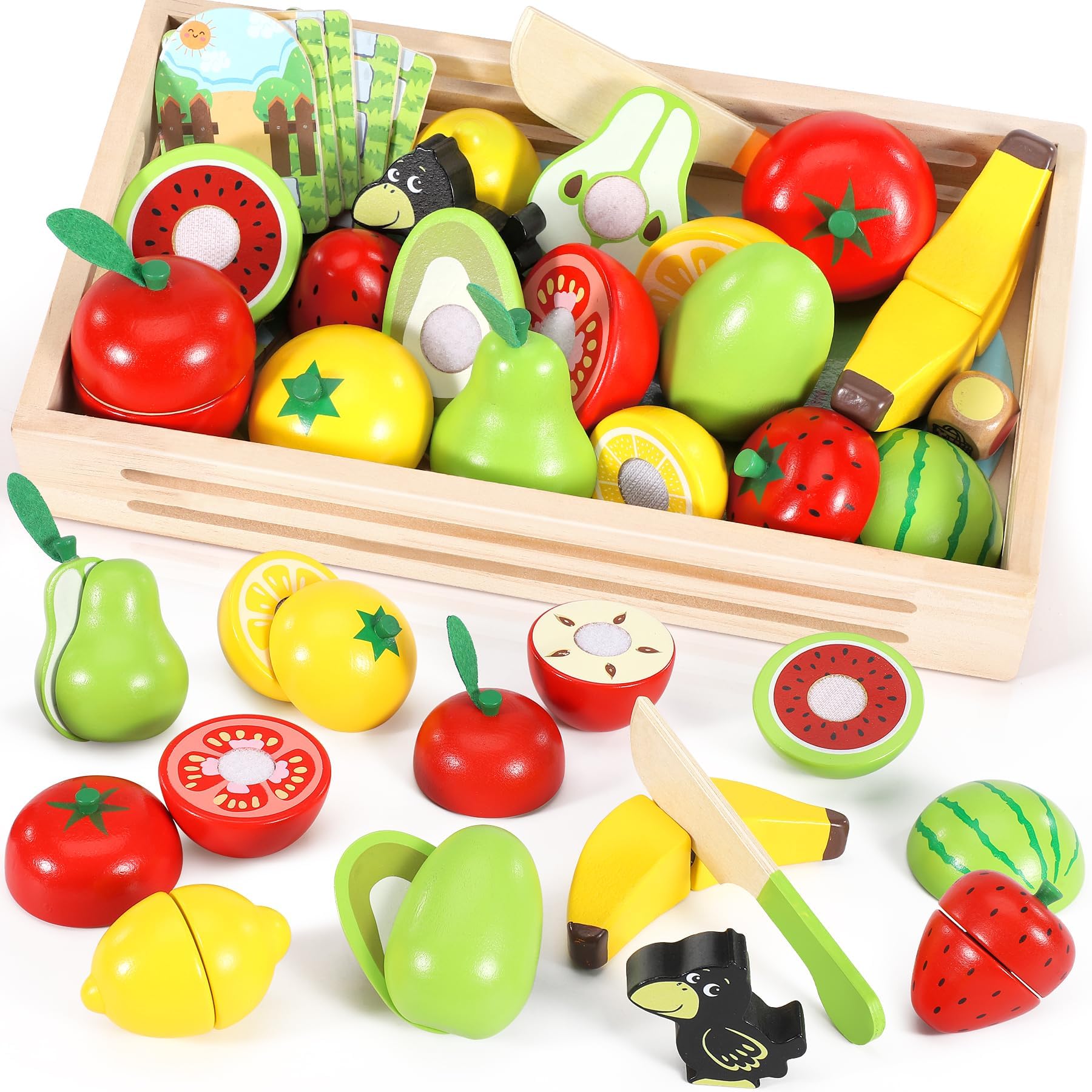 Wooden Food Toys - 2 in 1 Play Food Kitchen Toys - Orchard Board Games - Play Food Sets for Children - Pretend Food Fruit and Vegetables Cutting Toys - Toddler Toys for 2 Year Old Boy Girls