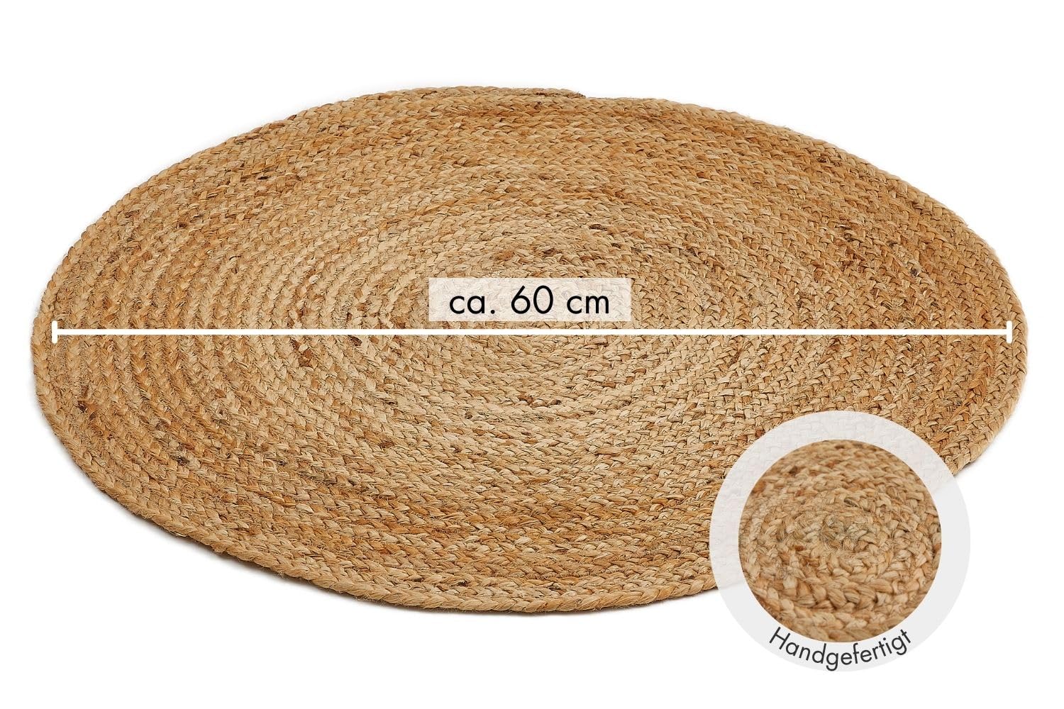 -LUXOR- living Dywan Mamda – okrągły dywan z juty do wszystkich pomieszczeń mieszkalnych lub jako element dekoracyjny – jednolite kolory boho naturalny dywan – z juty i bawełny, 60 cm, okrągły