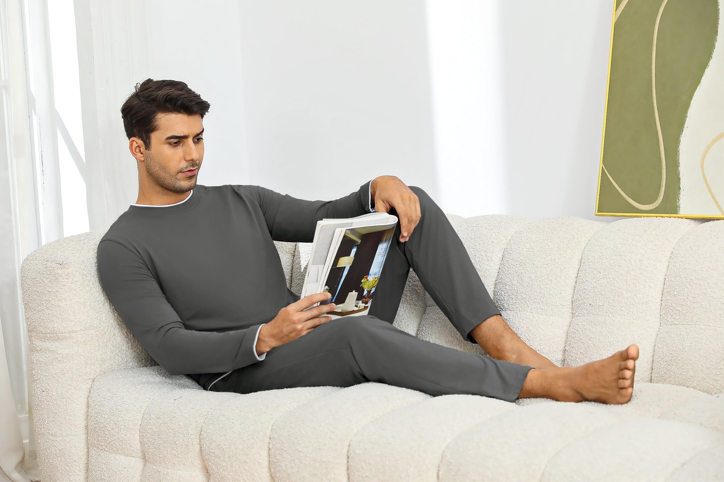 Aseniza Pigiama da Uomo Invernale, Pigiama a Maniche Lunghe in Cotone Semplice ed Elegante Pigiama Morbido Loungewear