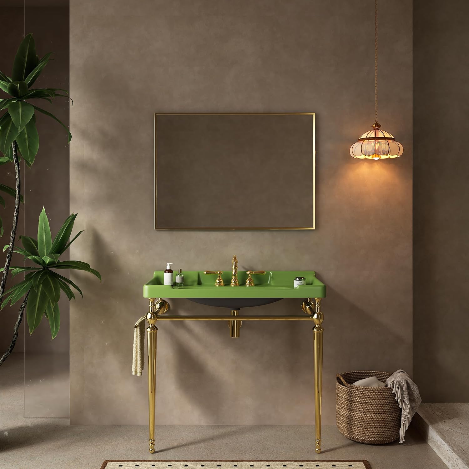 36" Bathroom Console Sink, Wall-Mounted Green Ceramic Vanity Basin with 3 Pre-drilled Faucet Holes, Freestanding Gold Stainless Steel Support Legs with Towel Bar, No Faucet - Rome, Green