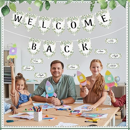 Miniatura 7 de Mixweer Juego de 81 tableros de anuncios de bienvenida de bienvenida, decoración de eucalipto, bordes de aula para tablón de anuncios, acentos de