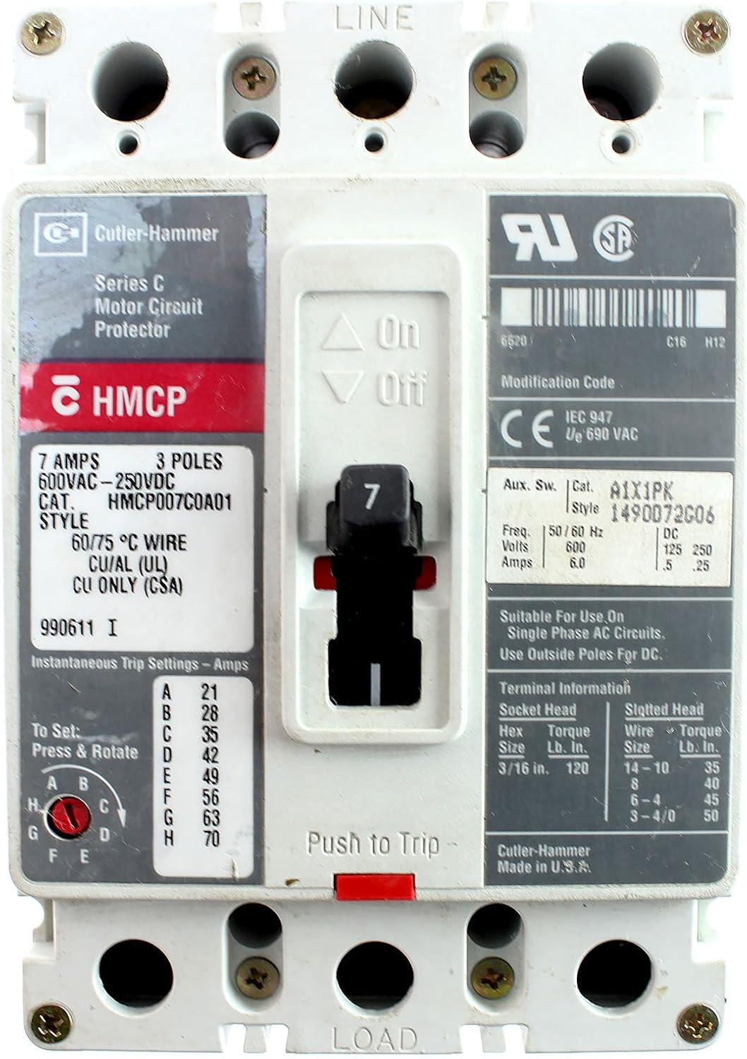 Cutler Hammer Eaton HMCP007C0A01 Circuit Breaker, HMCP Frame, 7A, 3