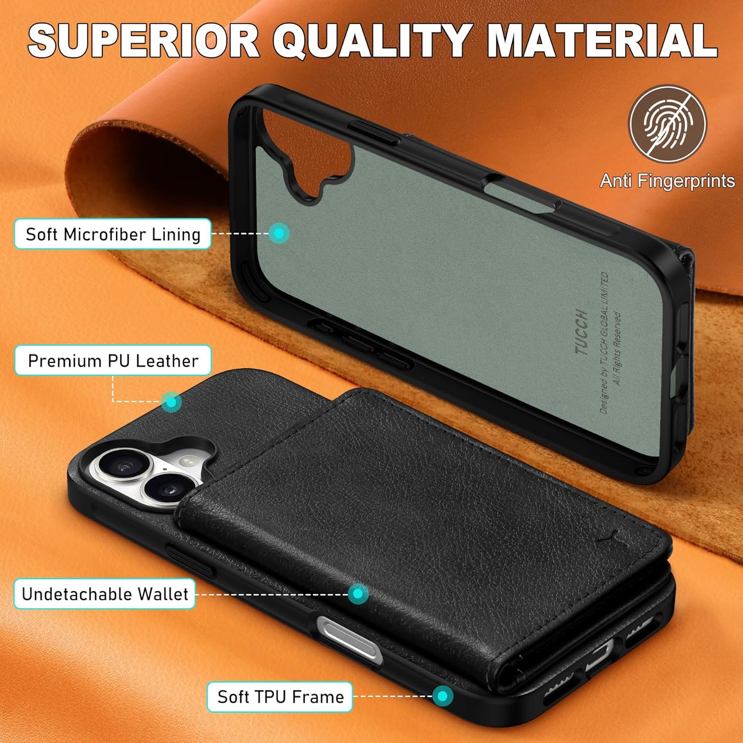 TUCCH PU Leather Case for iPhone 16 (6.1") 2024, Undetachable Wallet Case with[6 Card Holders][RFID Blocking] Magnetic Closure Anti-Slip Shockproof Protective Phone Cover for iPhone 16, Textured Black