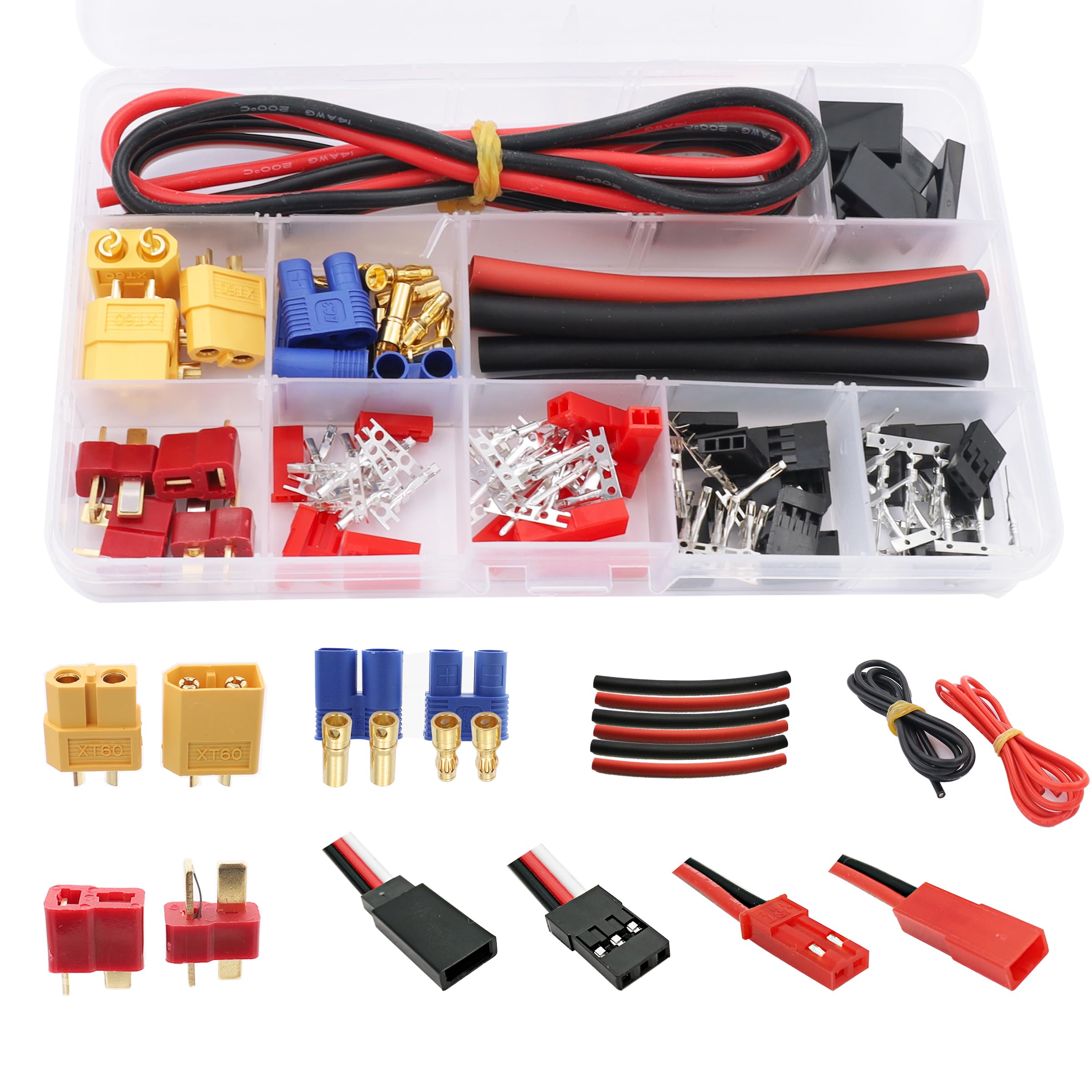 HOPLEX T-Plug EC3 XT60 Male Female Connector Adapters & Servo Plug Male Female Connector Crimp Pin Cable Kit +14AWG Silicone Wire for RC Models DIY(