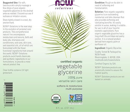Miniatura 2 de NOW Foods Solutions, Aceite de glicerina vegetal orgánico, 100% puro, suavizante e hidratante para el cuidado de la piel multiusos, 8 onzas