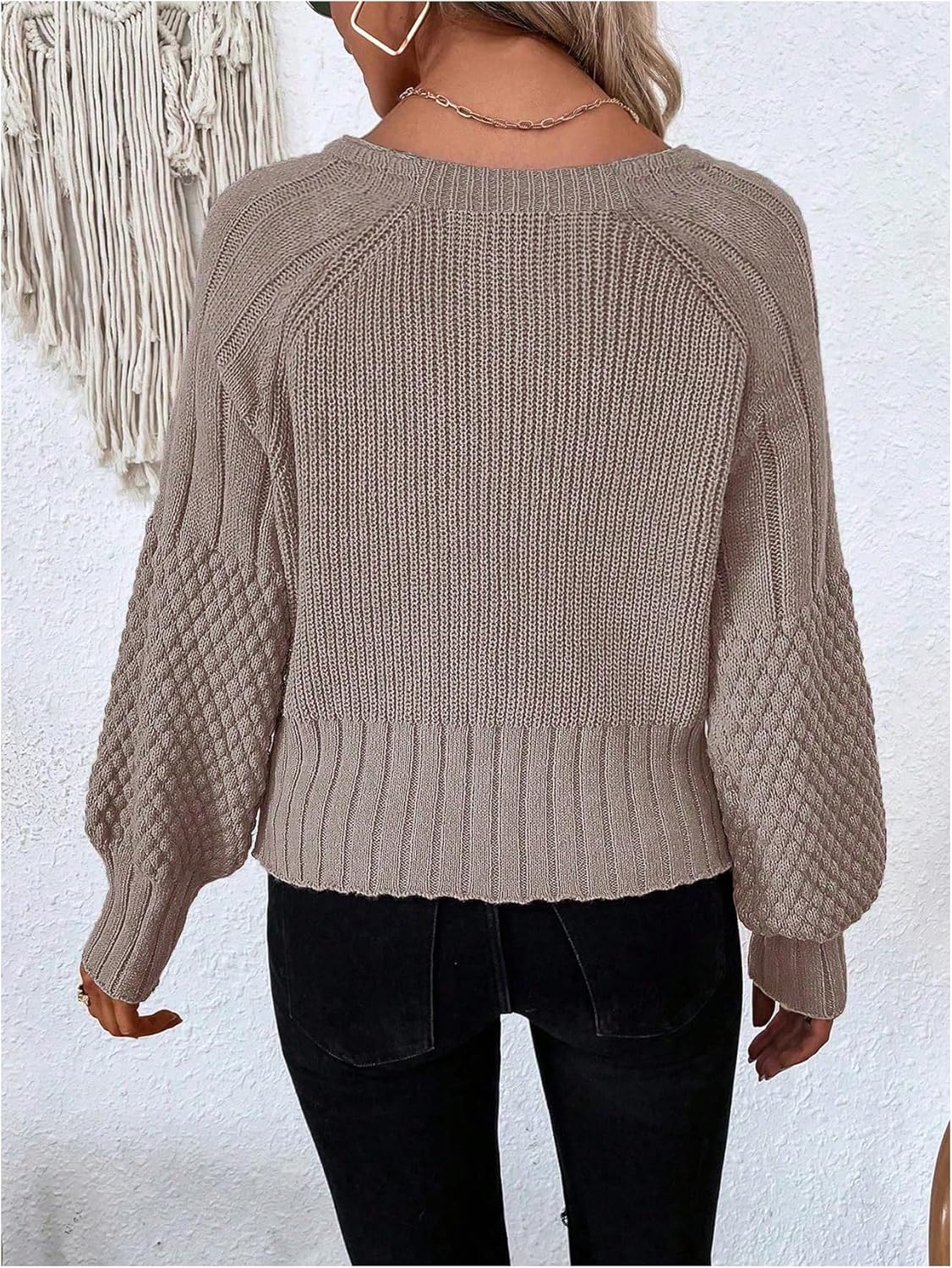 GORGLITTER Women's Button Up Chunky Cardigan V Neck Knitted Lantern Sleeve Cozy Fall Sweaters Airport Travel Outfits - Image 2