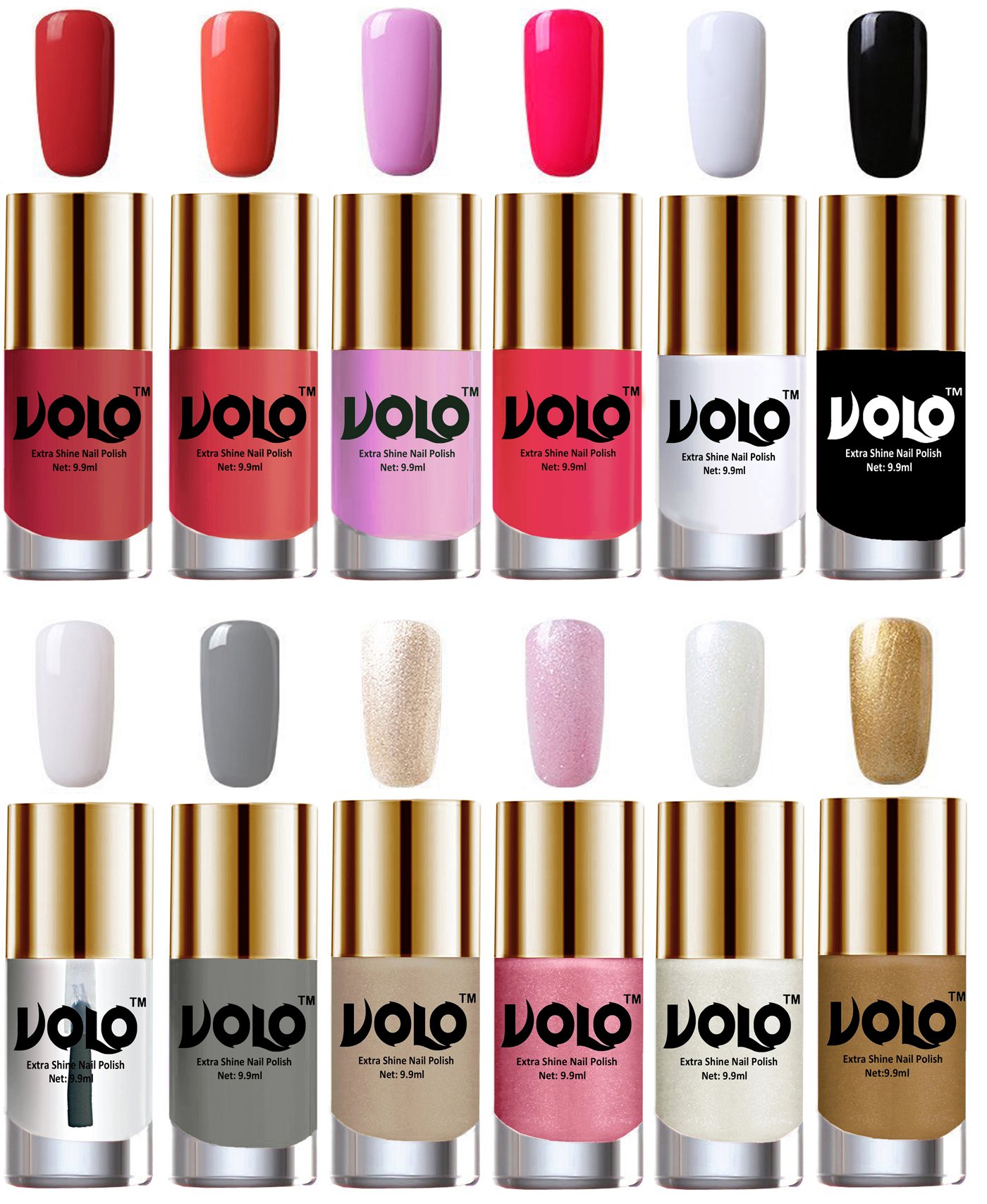 Volo Luxury Super Shine Nail Polish Set of 12 Vibrant Shades (Coral Compass, Peach Crush, Light Purple, Passion Pink, Matte White, Black, Extra Shine Top Coat, Grey, Chrome Rust)-image-6